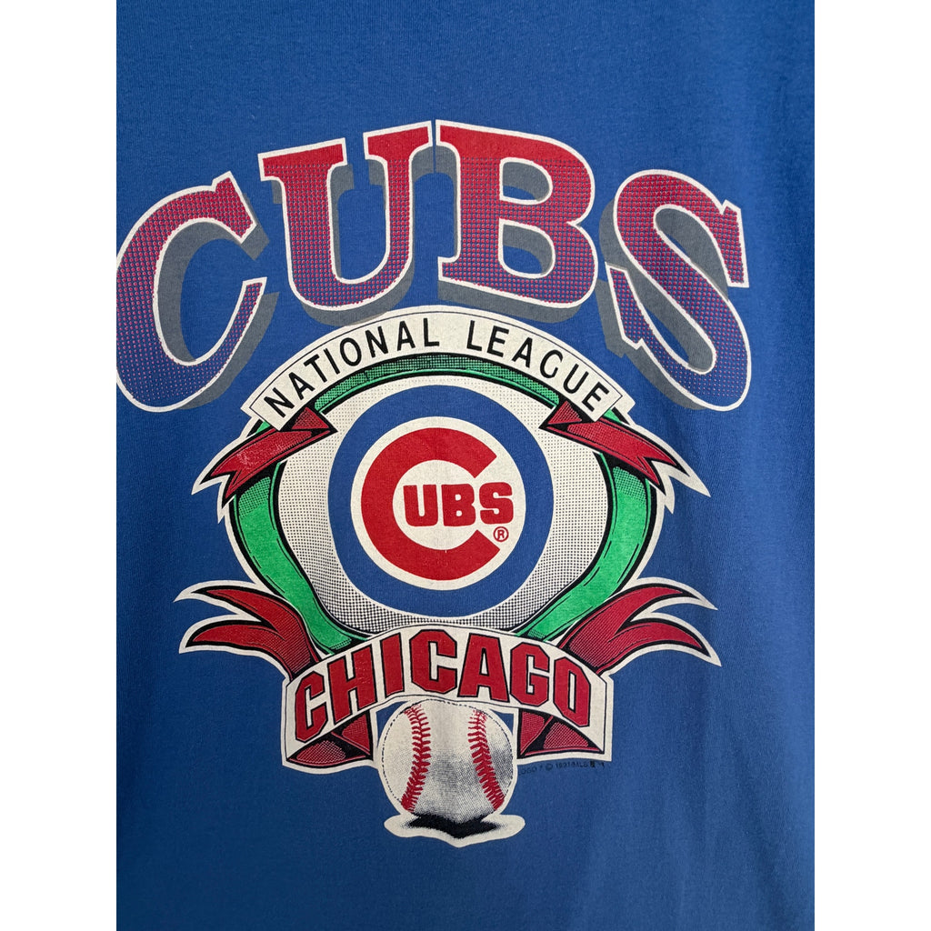 Vintage Chicago Cubs T Shirt Mens Large Blue MLB USA Made Hanes Baseball Graphic