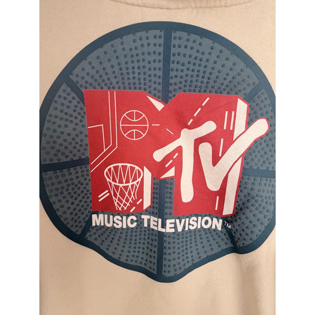MTV MTV MTV Music Television Hoodie Mens Medium Cream Graphic Pullover Sweatshirt