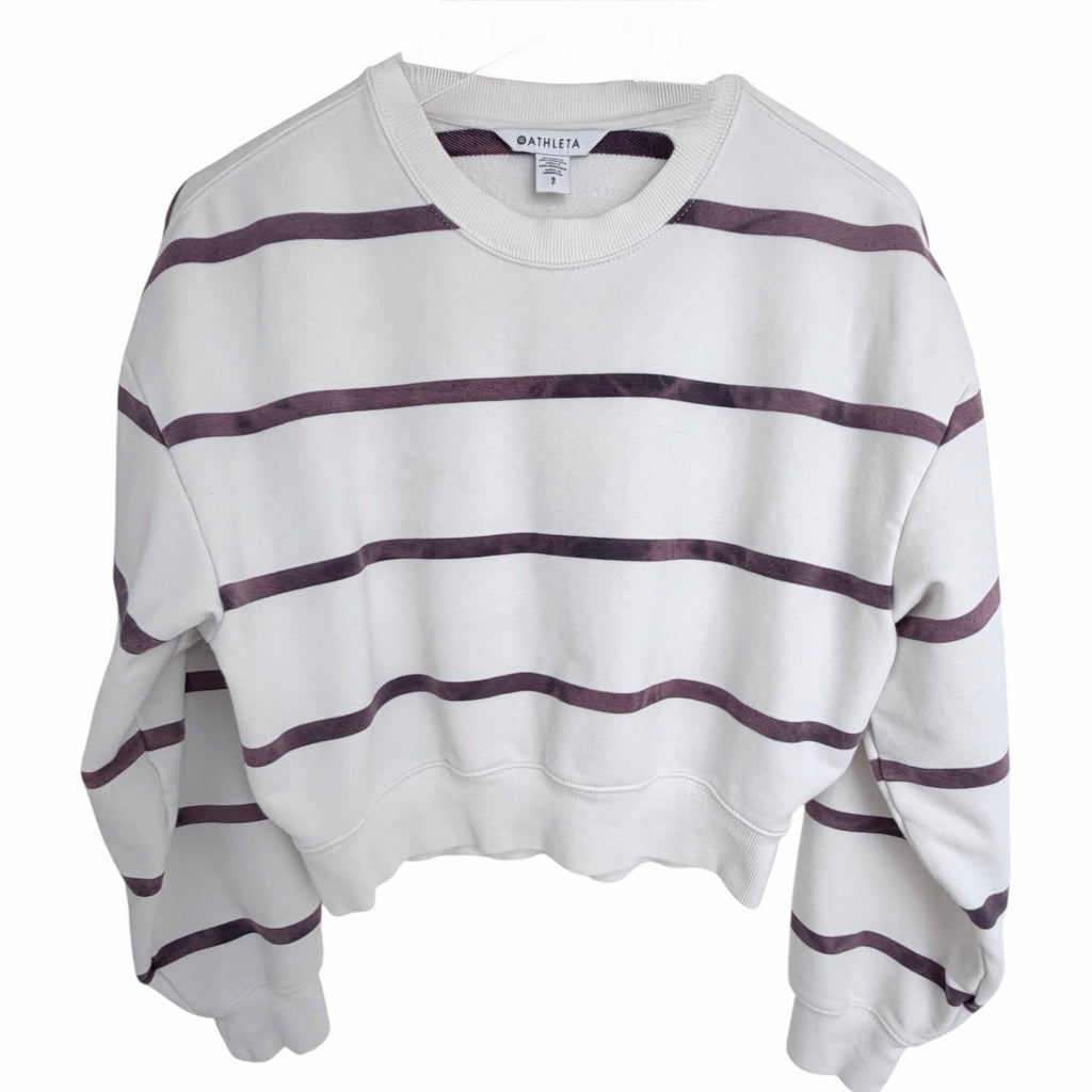Athleta Womens Small White Purple Striped Cropped Crewneck Sweatshirt