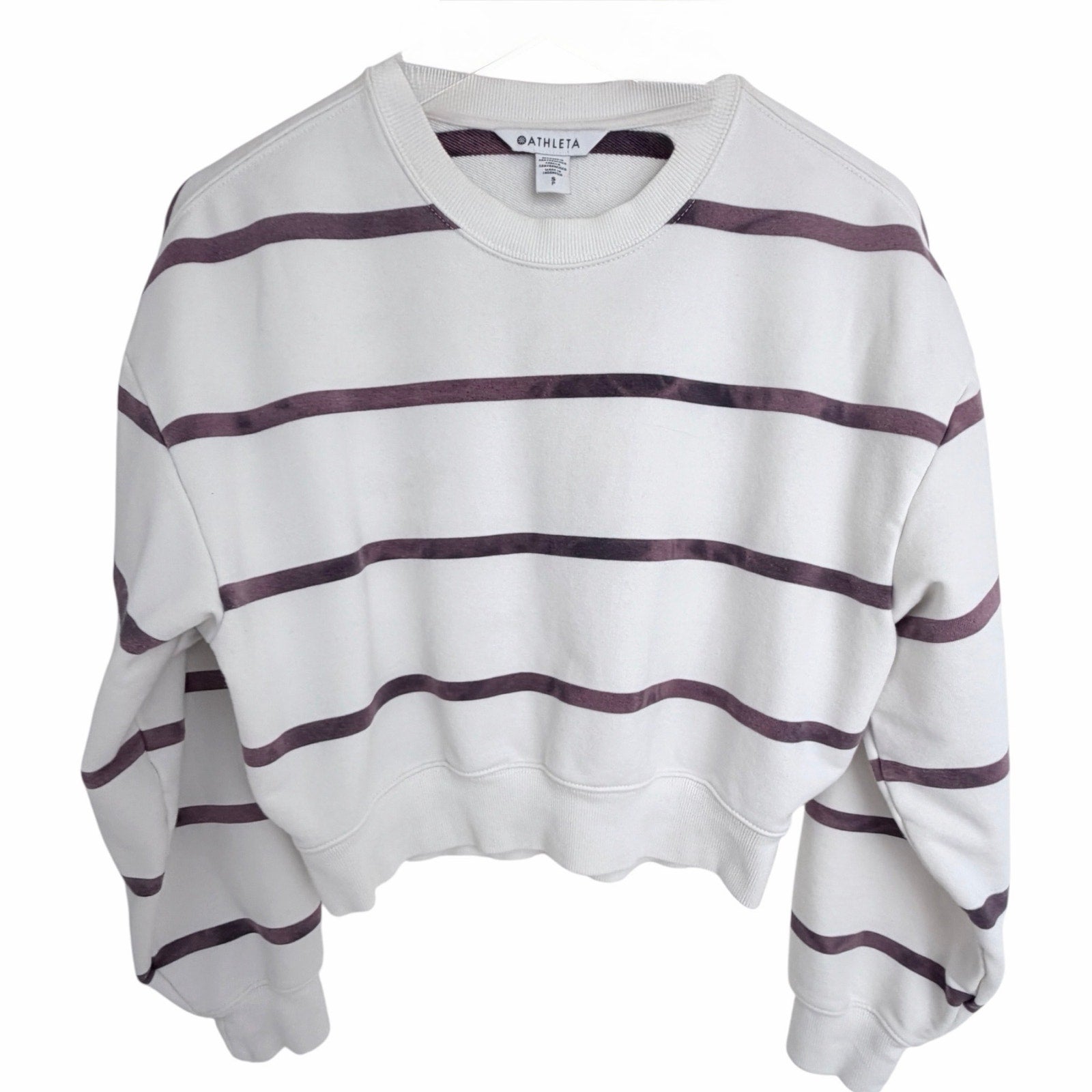 Athleta Womens Small White Purple Striped Cropped Crewneck Sweatshirt