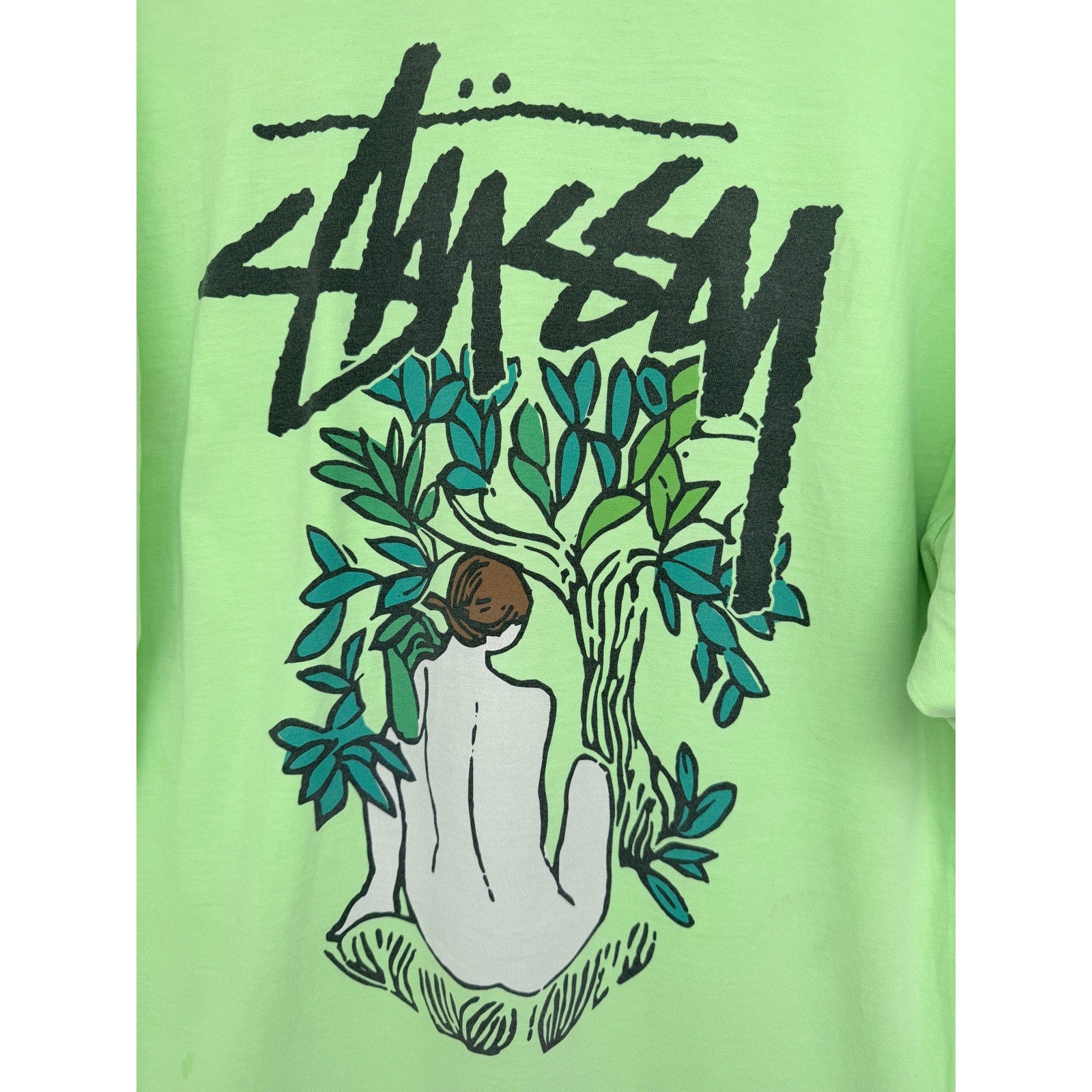 Stussy Tee Shirt Mens Large Neon Green Back Print Streetwear Made In Mexico