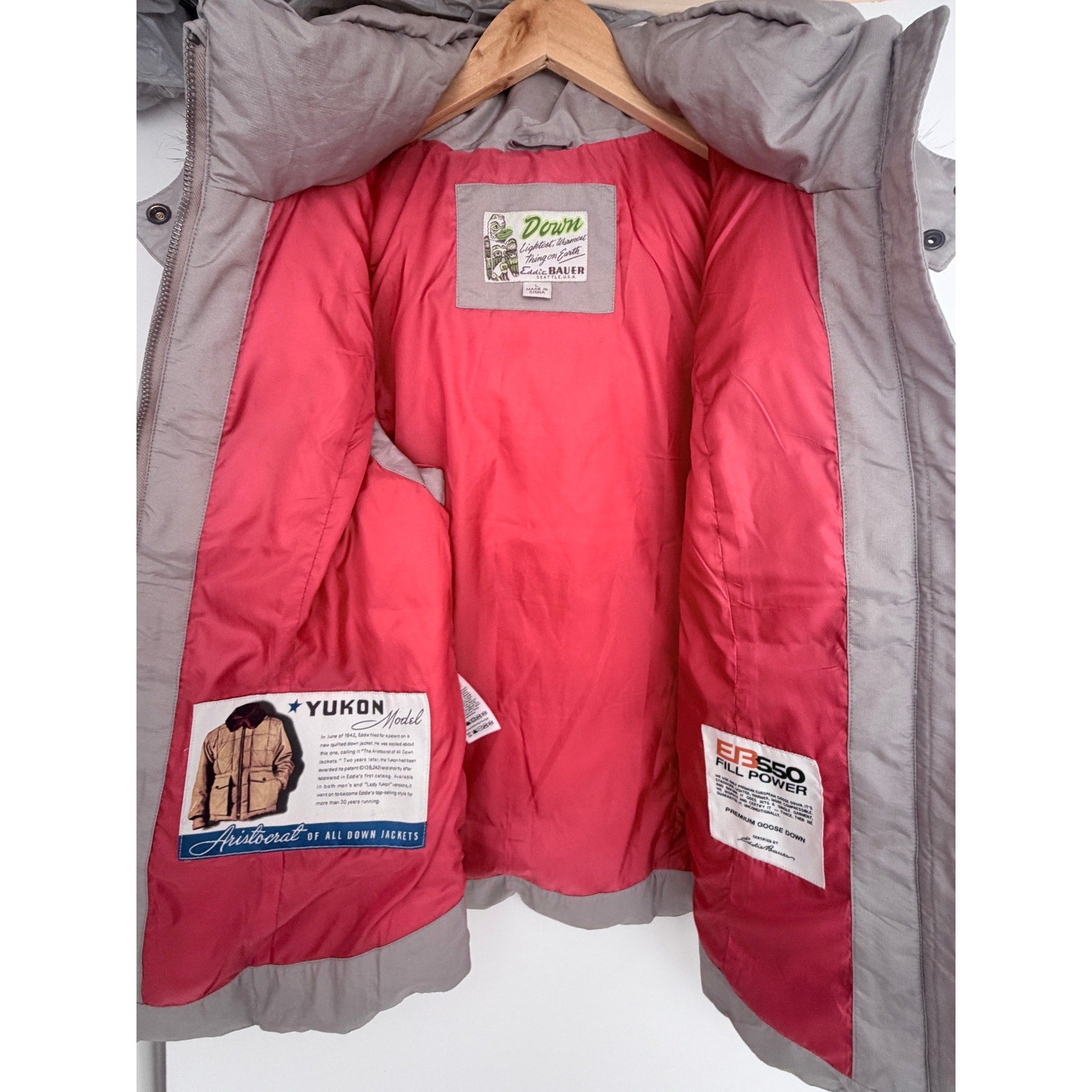 Eddie Bauer Down Puffer Vest Womens Large Gray Hooded Full Zip