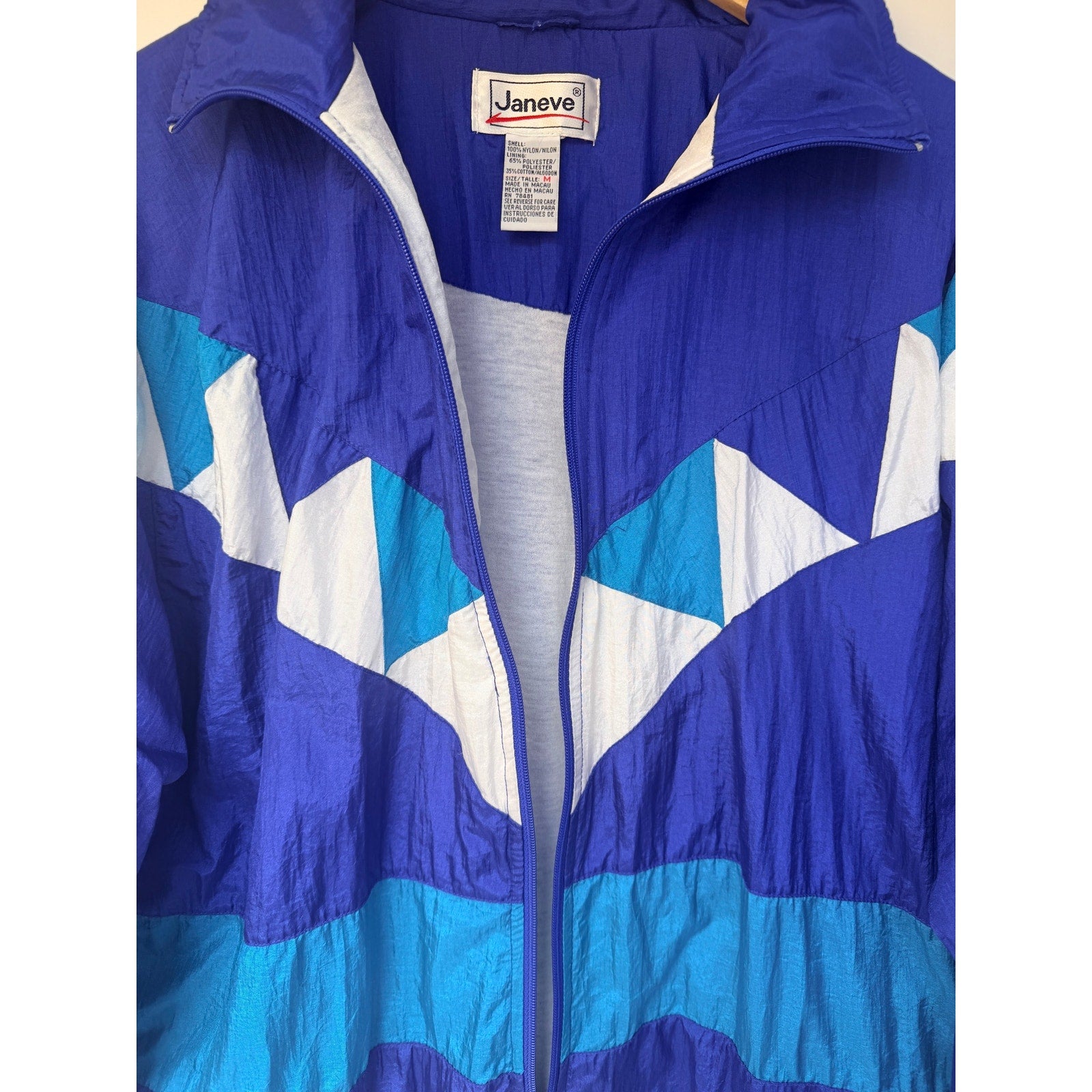 Vintage Janeve Windbreaker Jacket Womens Medium Blue Colorblock 90s Nylon Zip Up