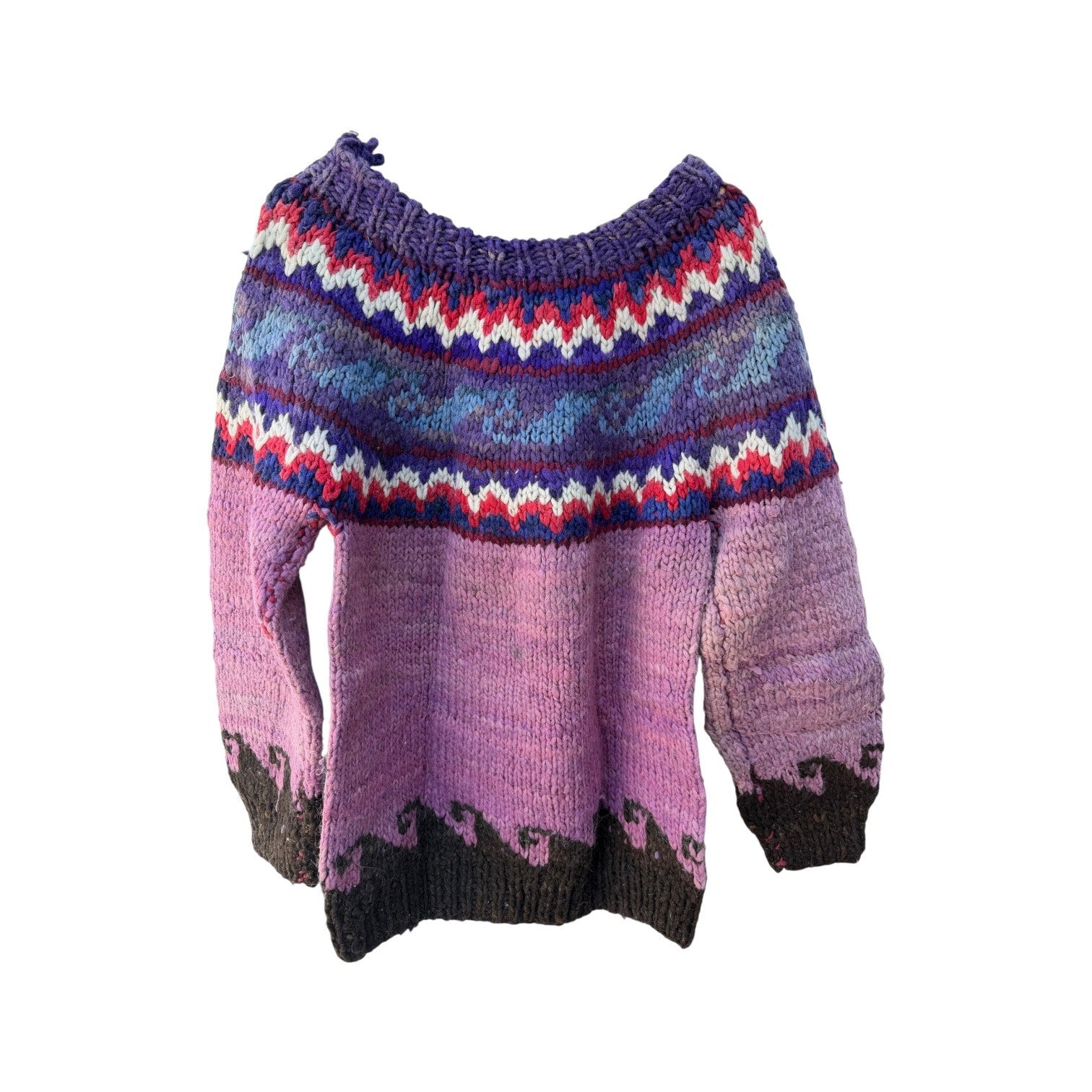Woolies Handmade Ecuador Wool Sweater Purple Fair Isle Chunky Knit Medium