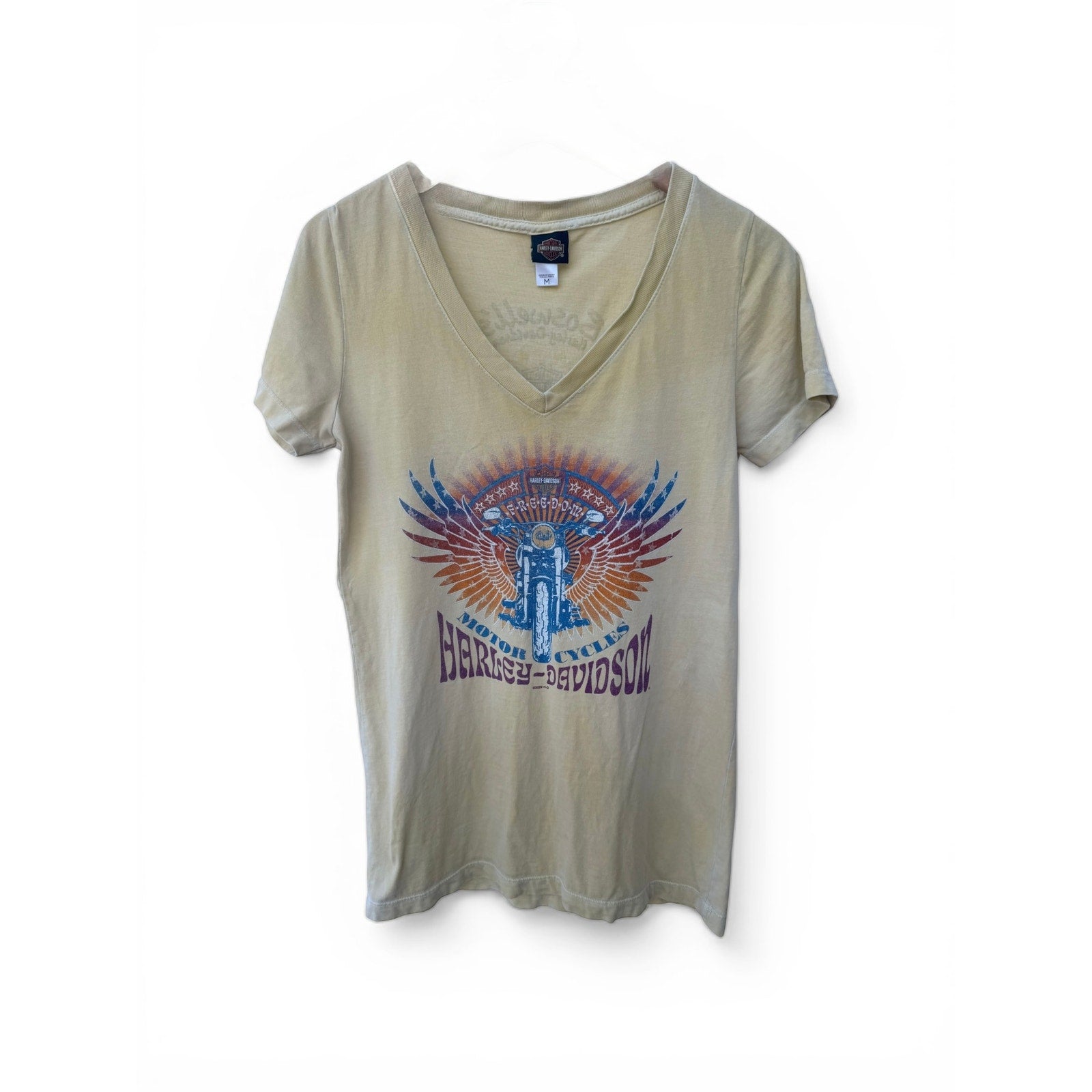 Harley Davidson Yellow Freedom Cycles V-Neck T Shirt Womens Medium Nashville TN