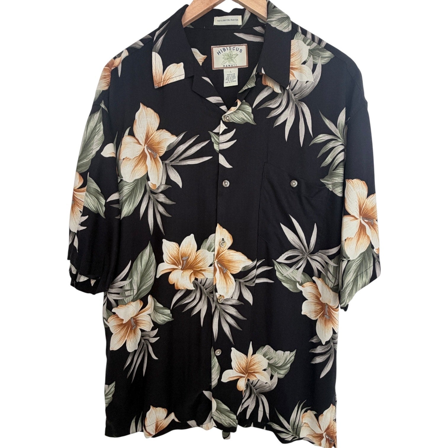 Vintage Hibiscus Hawaii Rayon Hawaiian Shirt Mens Large Black Floral Aloha Camp