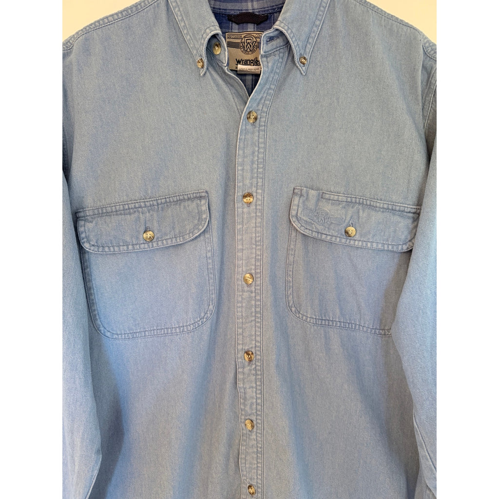 Wrangler Rugged Wear Chambray Button Up Shirt Mens Medium Blue Western Workwear