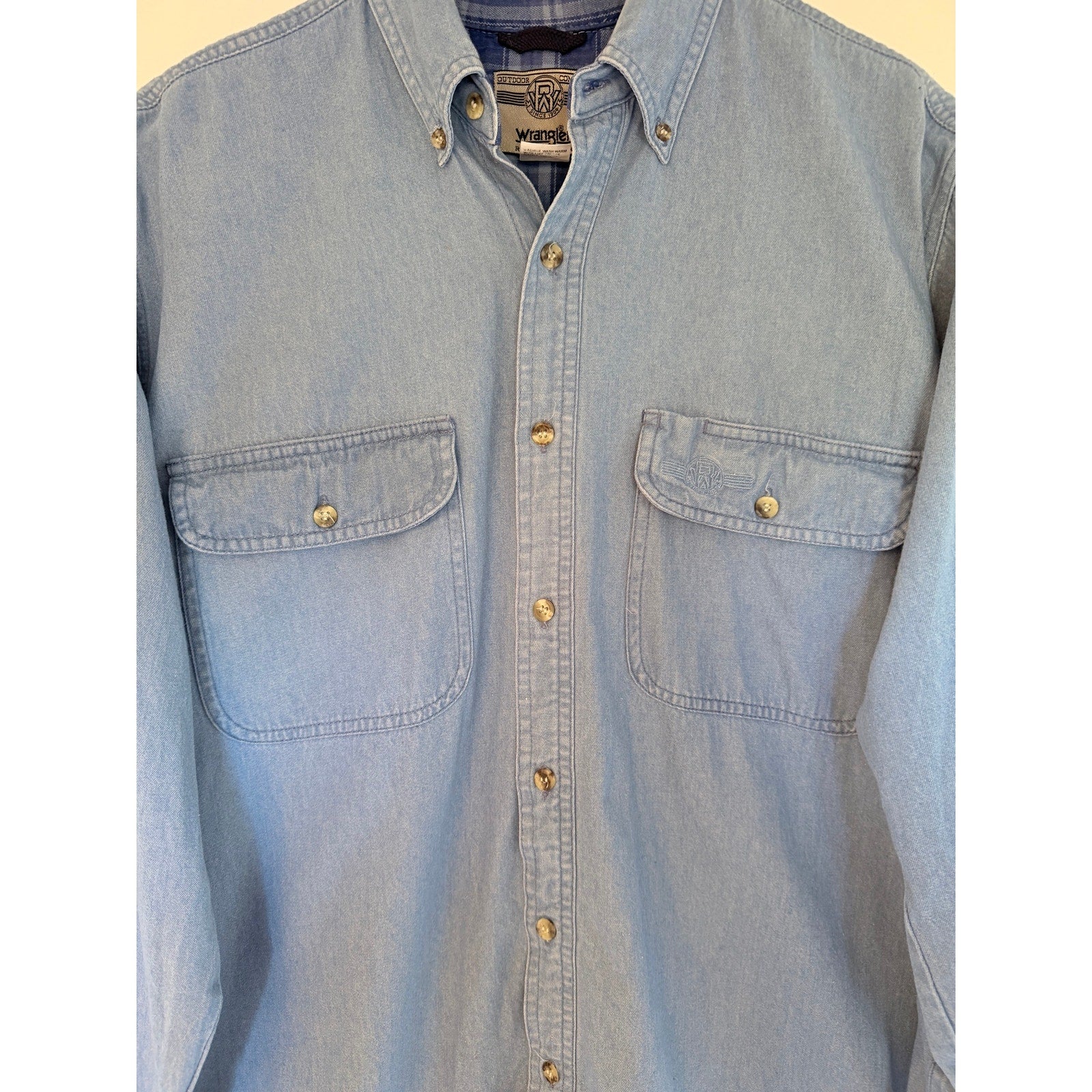 Wrangler Rugged Wear Chambray Button Up Shirt Mens Medium Blue Western Workwear