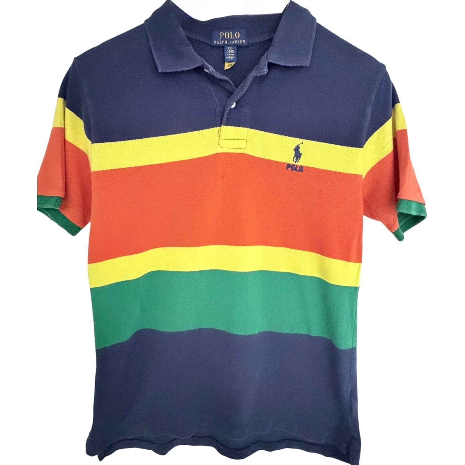 Polo Ralph Lauren Boys Large Striped Polo Shirt Blue Yellow Orange Green Cotton