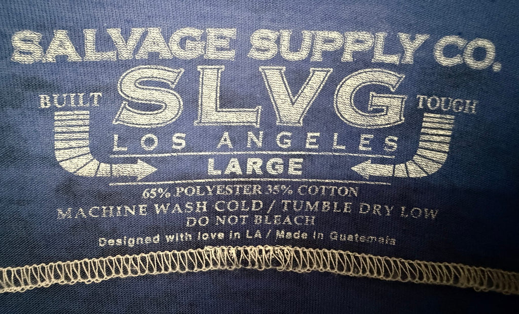 Salvage Supply Co. Men's Blue Crewneck T-Shirt — brand label