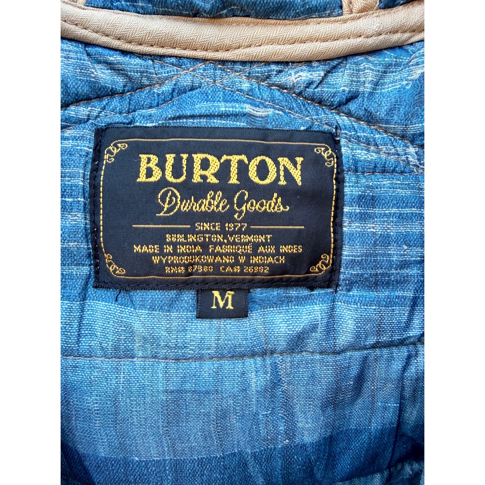 Burton Durable Goods Quilted Hooded Jacket Tan Mens Medium Full Zip