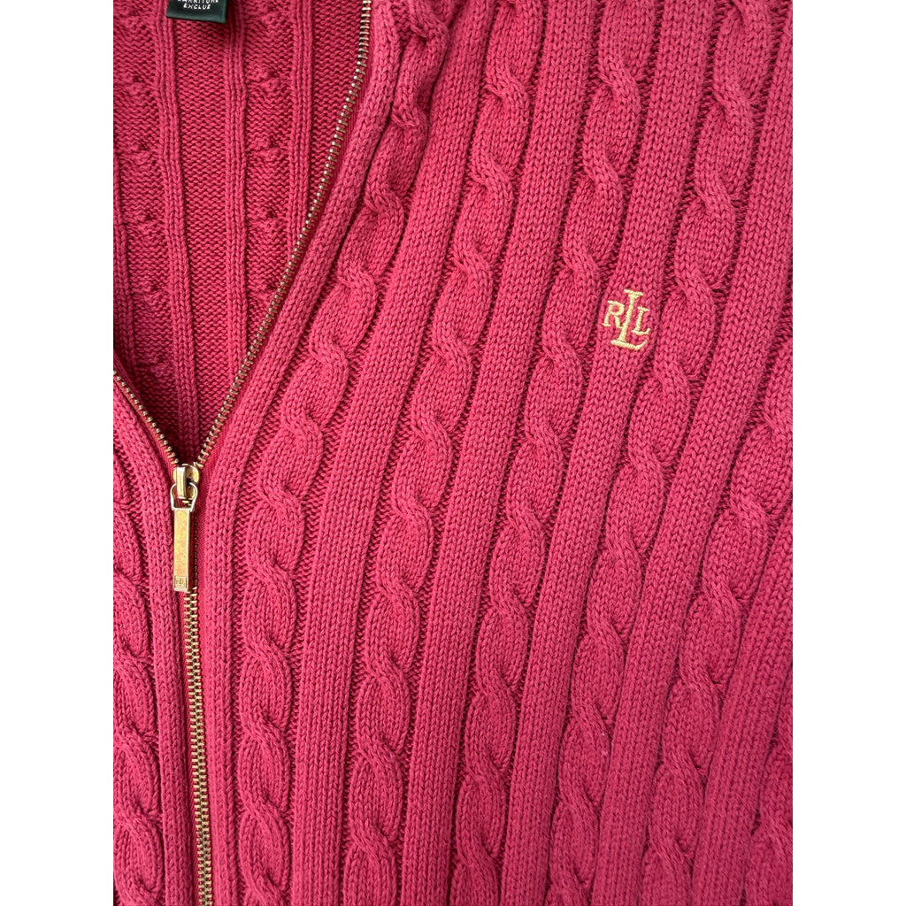 Lauren Ralph Lauren Sweater Womens Large Pink Cable Knit Full Zip Cotton