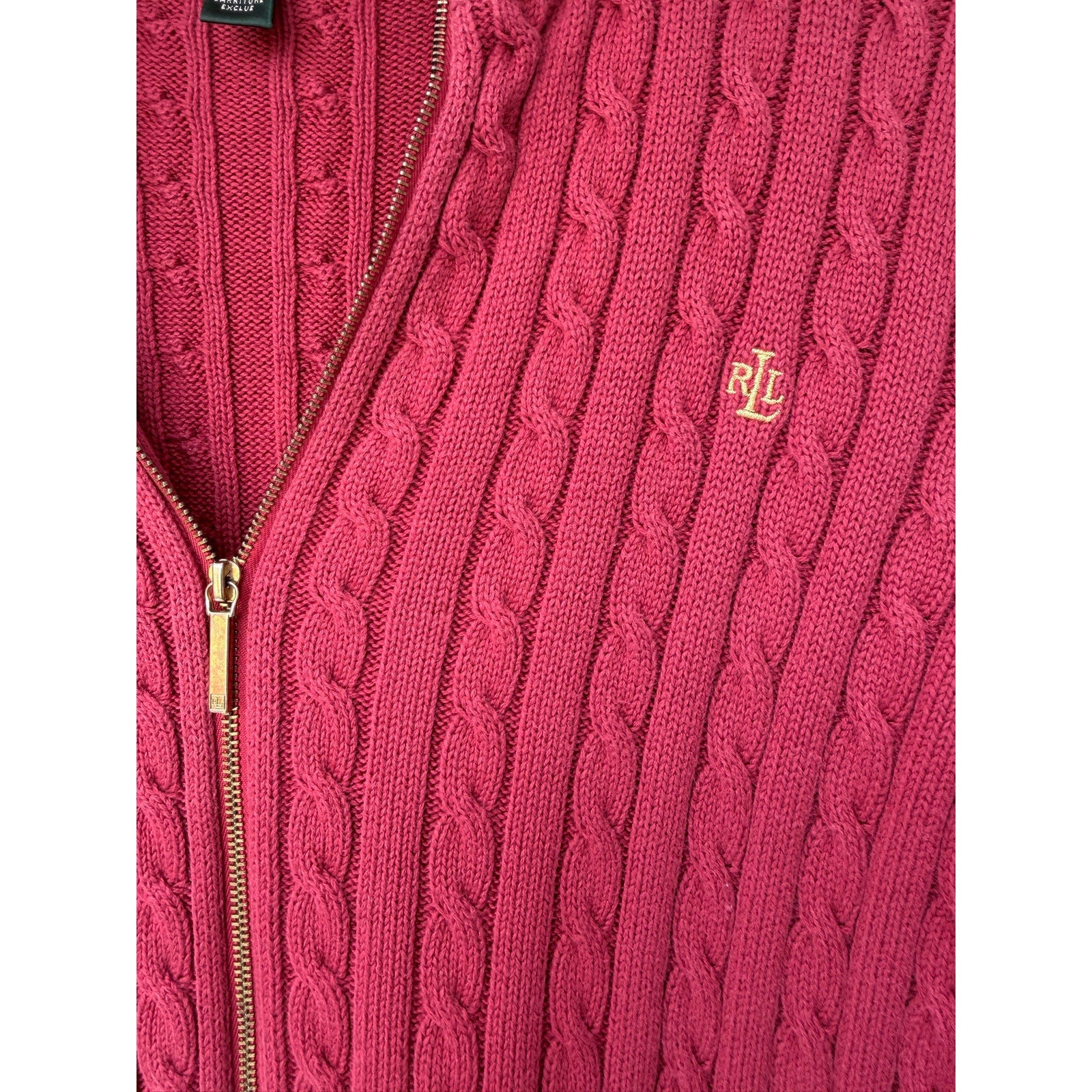 Lauren Ralph Lauren Sweater Womens Large Pink Cable Knit Full Zip Cotton