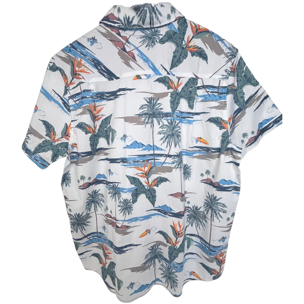 Hurley Hawaiian Shirt Mens Large White Tropical Palm Tree Short Sleeve Button Up