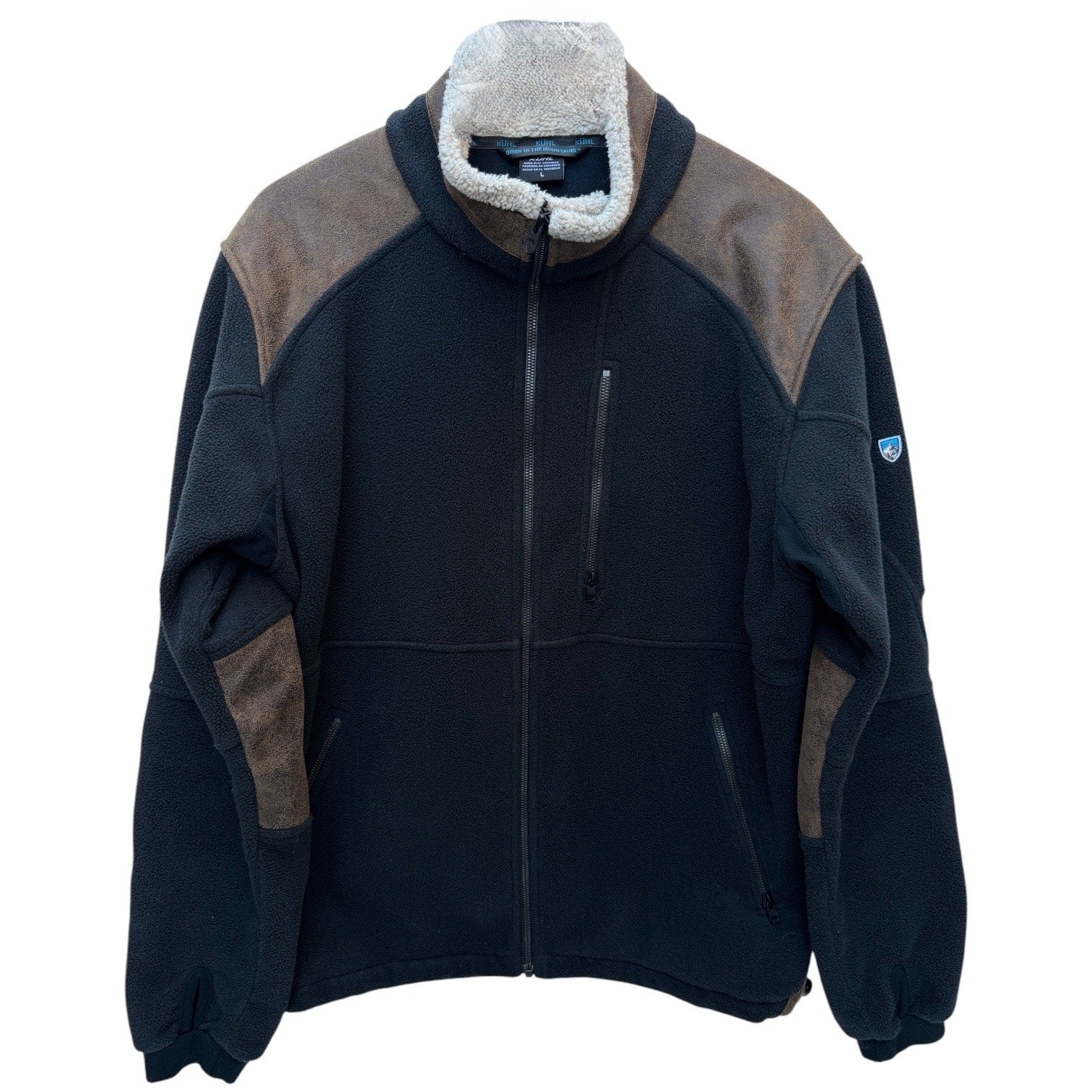 KUHL Sherpa Lined Fleece Jacket Mens Large Black Brown Outdoor Full Zip Coat