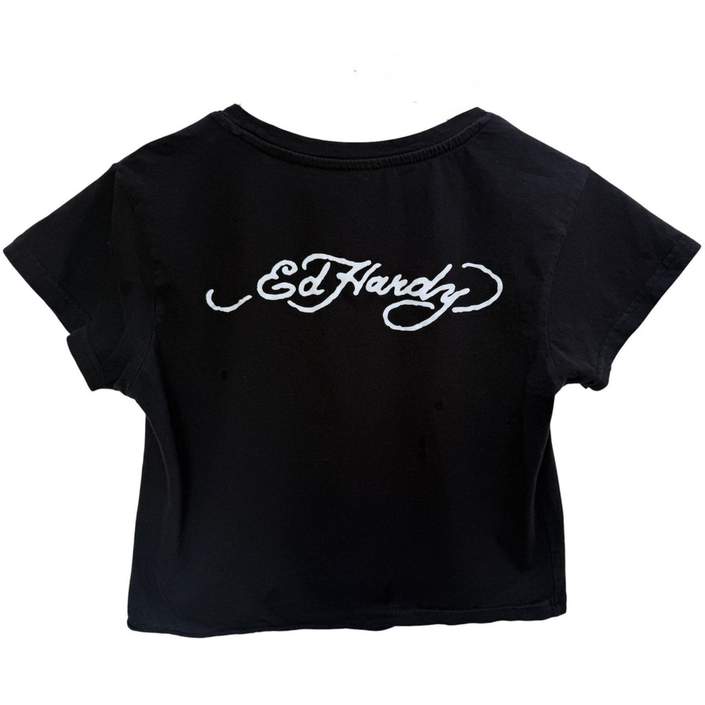 Ed Hardy New York Graphic Cropped T Shirt Womens Large Black Tattoo Style
