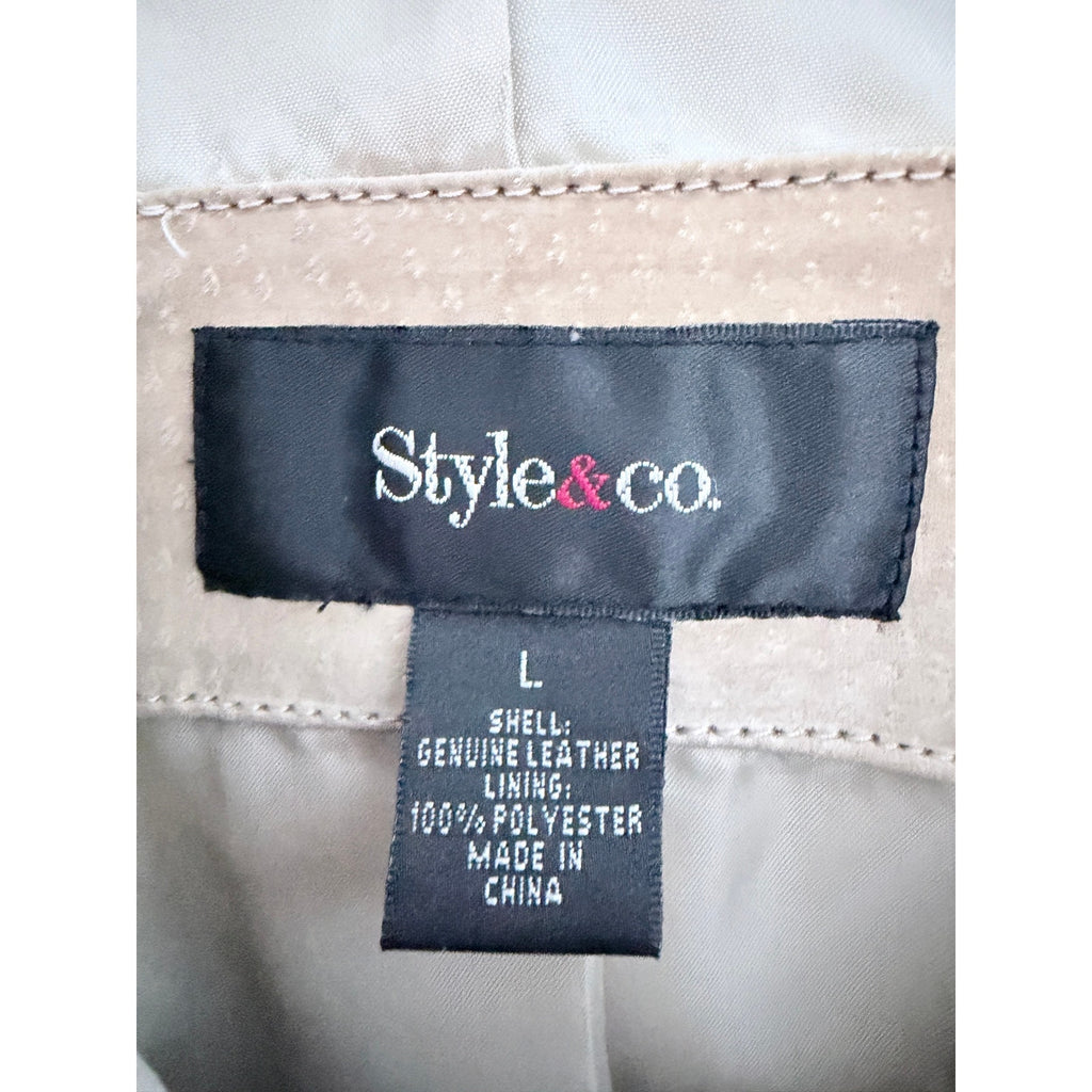 Style & Co Womens Large Beige Genuine Leather Zip Jacket