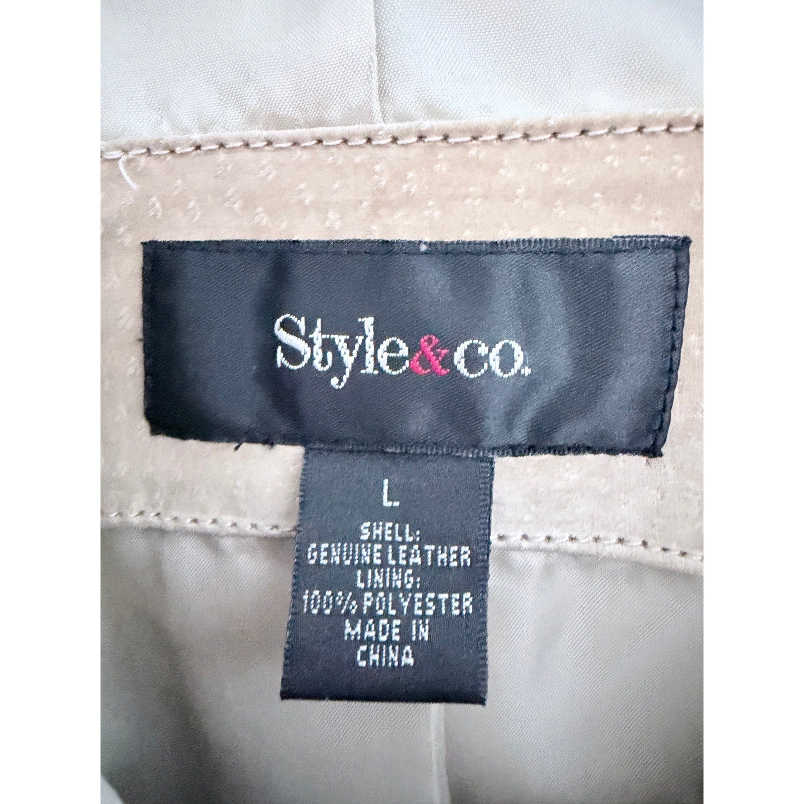 Style & Co Womens Large Beige Genuine Leather Zip Jacket