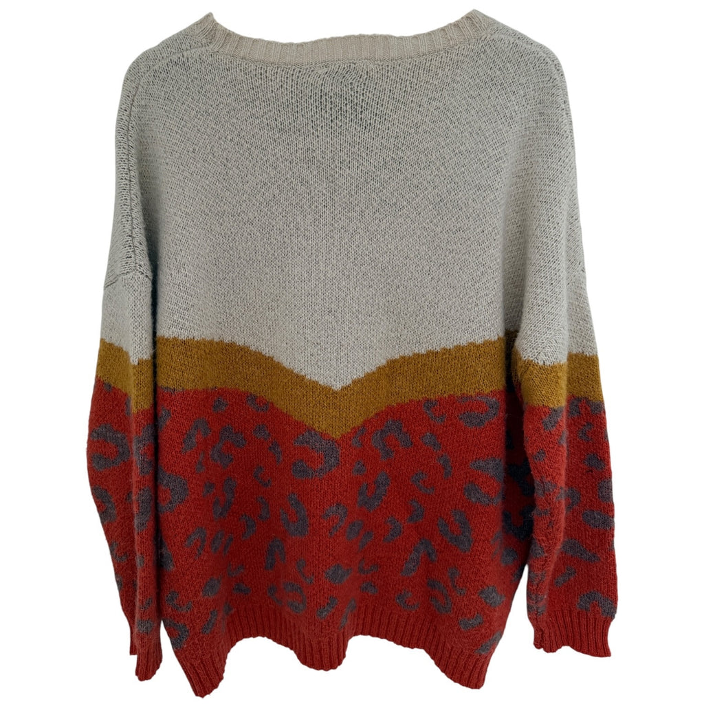 Easel Leopard Colorblock Sweater Womens Medium Red Cream Knit Pullover