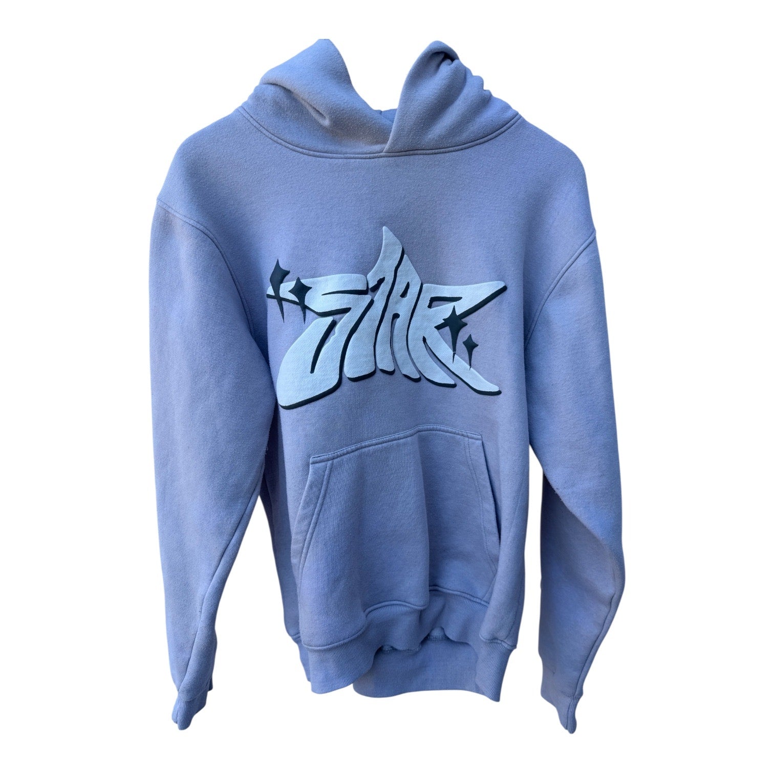 Graphic Hoodie Mens Small Light Blue Pullover Streetwear Casual Sweatshirt
