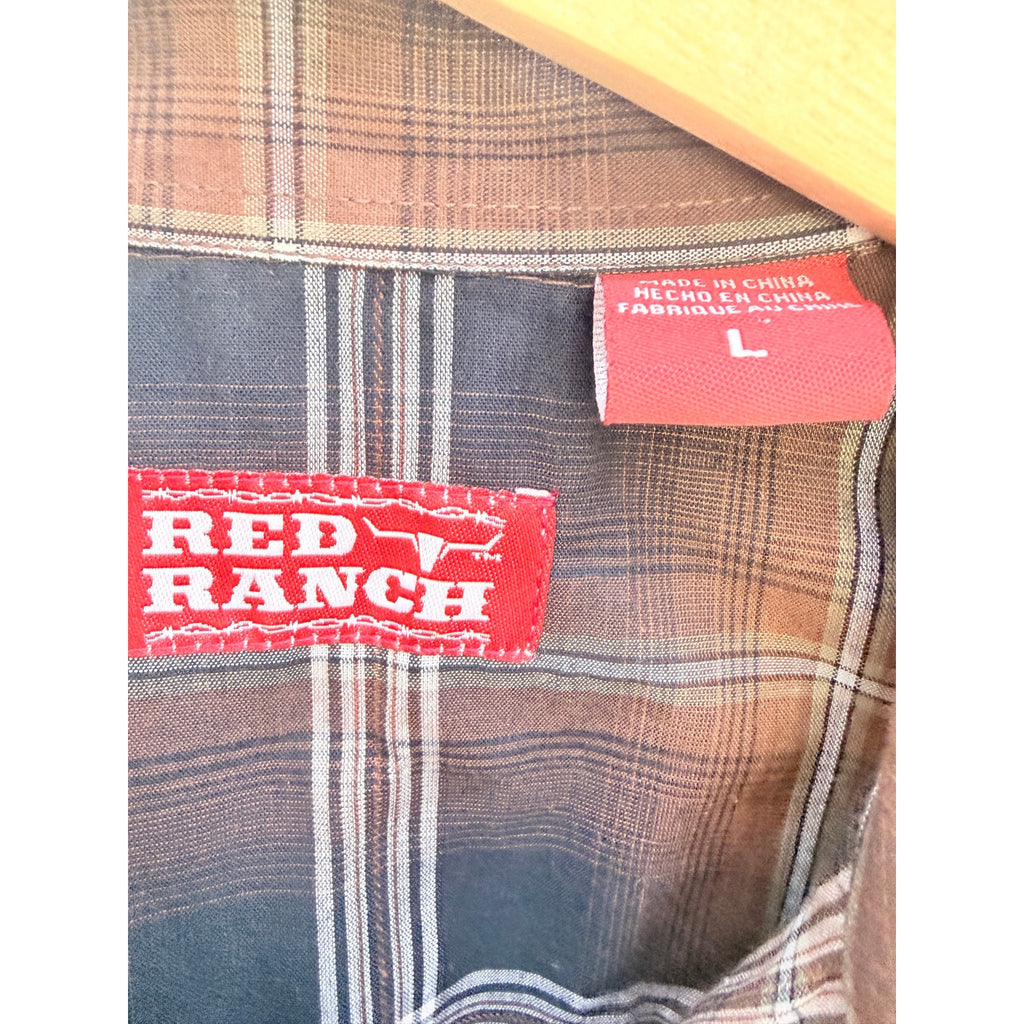 Red Ranch Western Pearl Snap Shirt Mens Large Brown Plaid Cowboy Button Up Rodeo