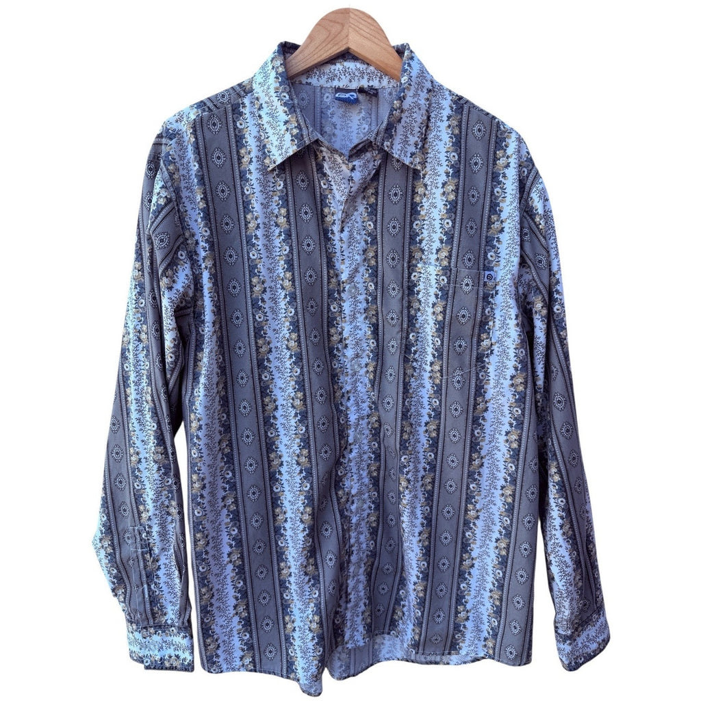 OP International Button Up Shirt Mens Large Blue Gray White Long Sleeve Shirt