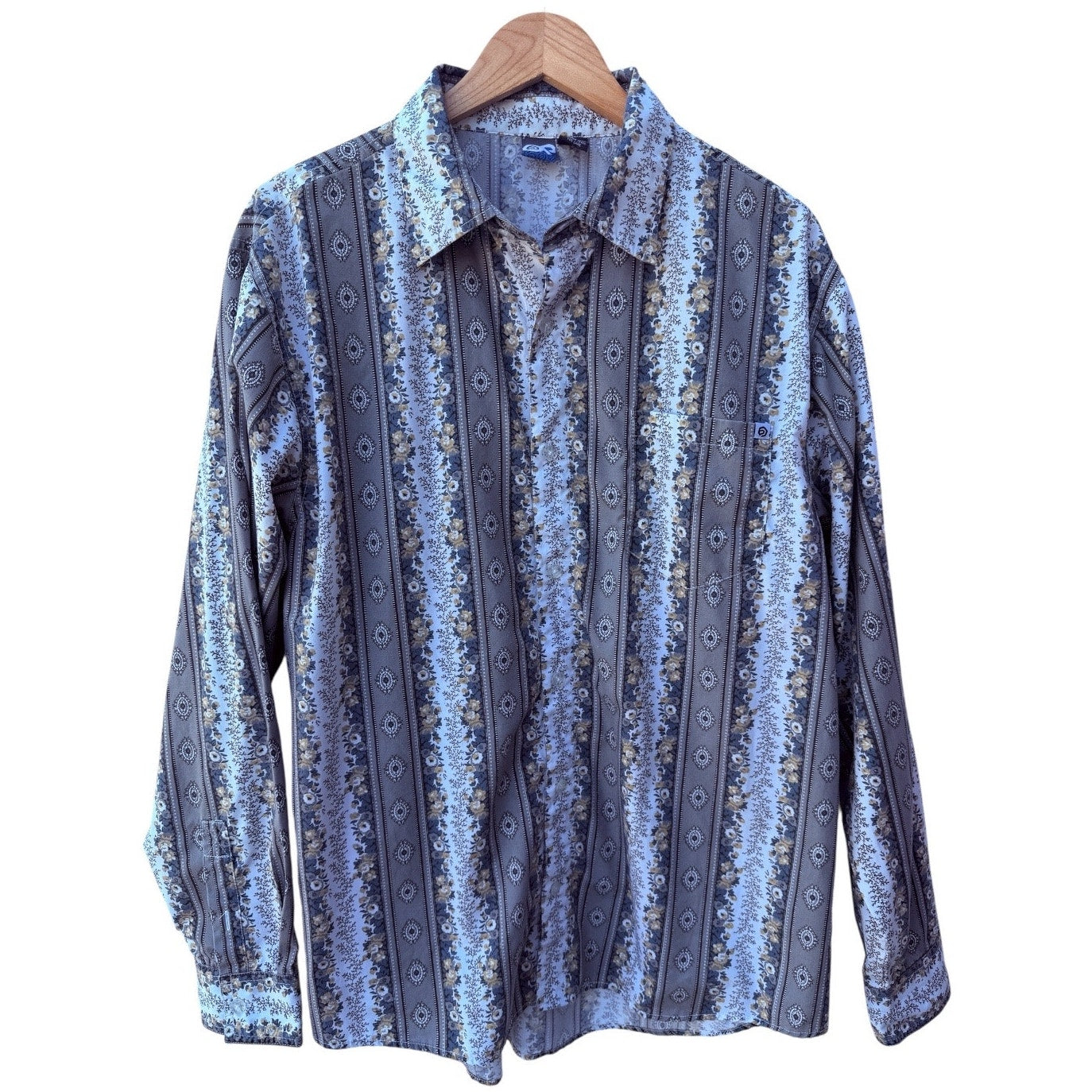 OP International Button Up Shirt Mens Large Blue Gray White Long Sleeve Shirt