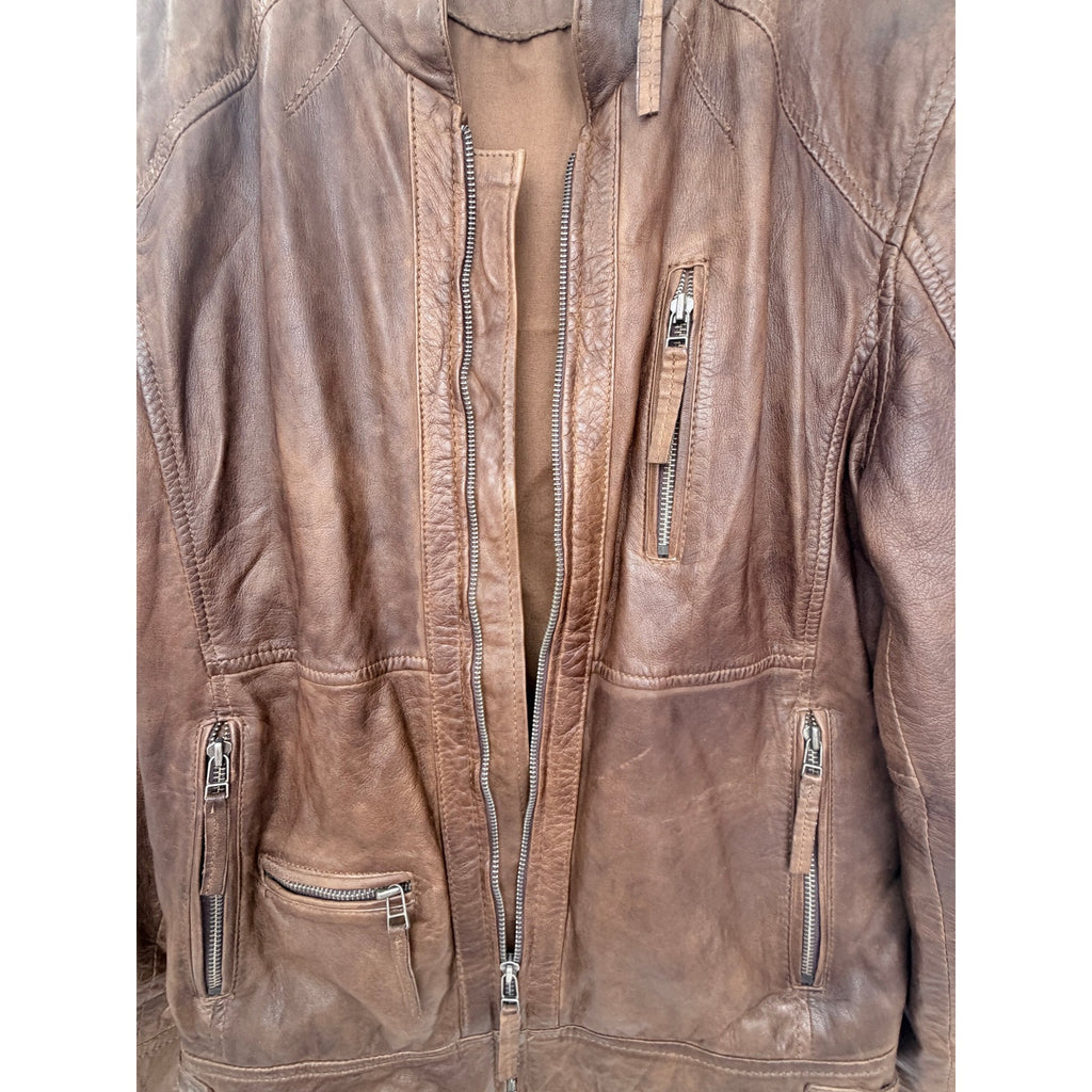 Gipsy Real Leather Jacket Mens Large Brown Cafe Racer Moto Zip Up