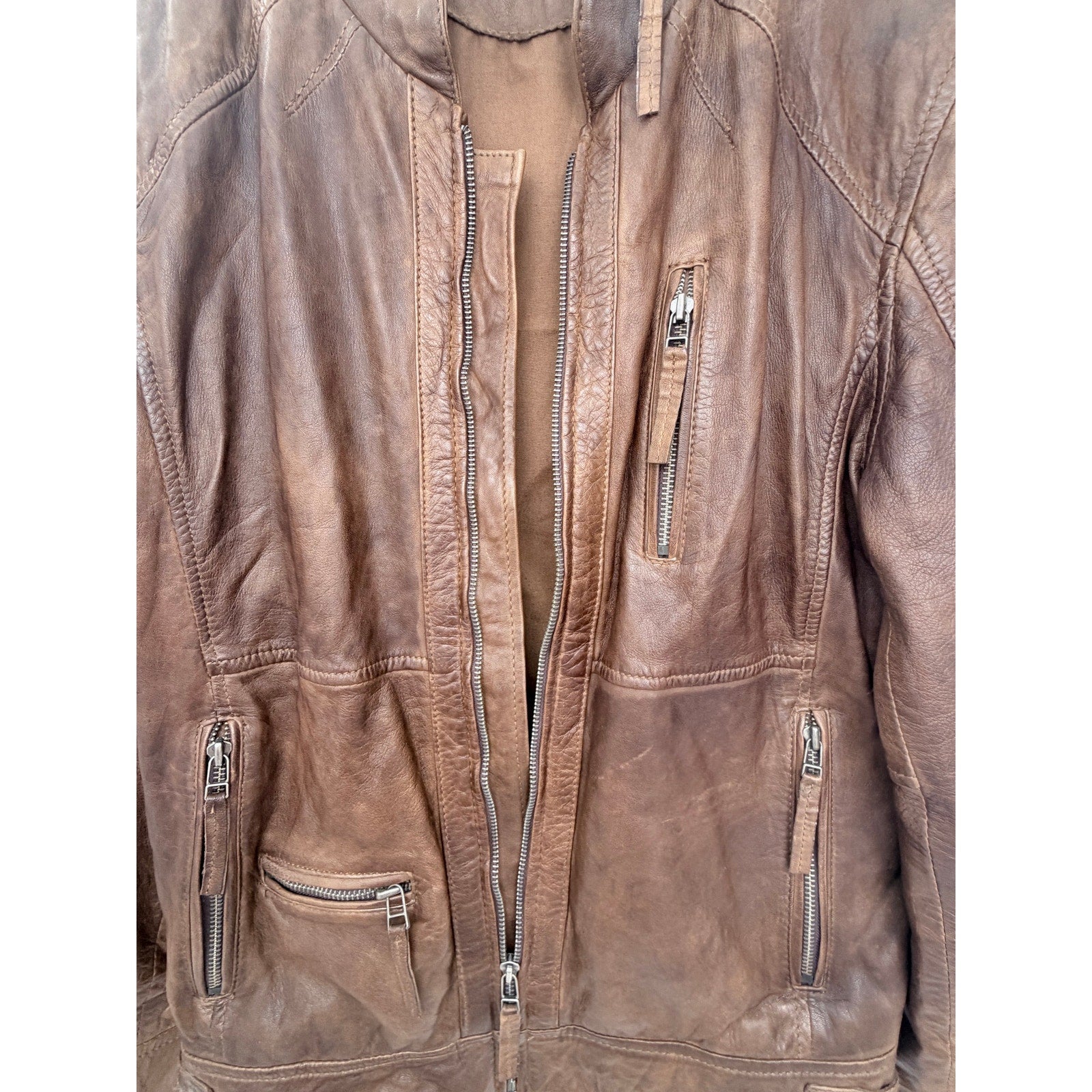 Gipsy Real Leather Jacket Mens Large Brown Cafe Racer Moto Zip Up