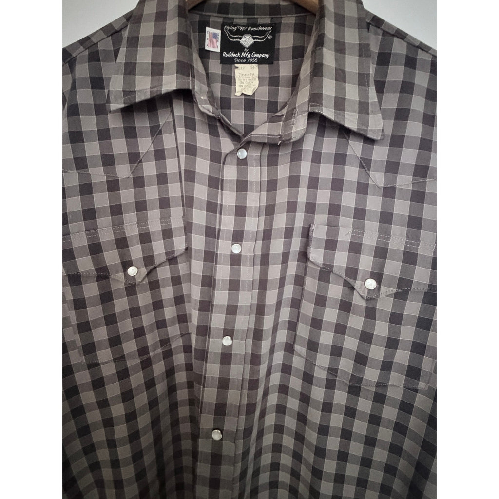 Flying R Ranchwear Ruddock Plaid Western Shirt Mens 17 34 Gray USA Made