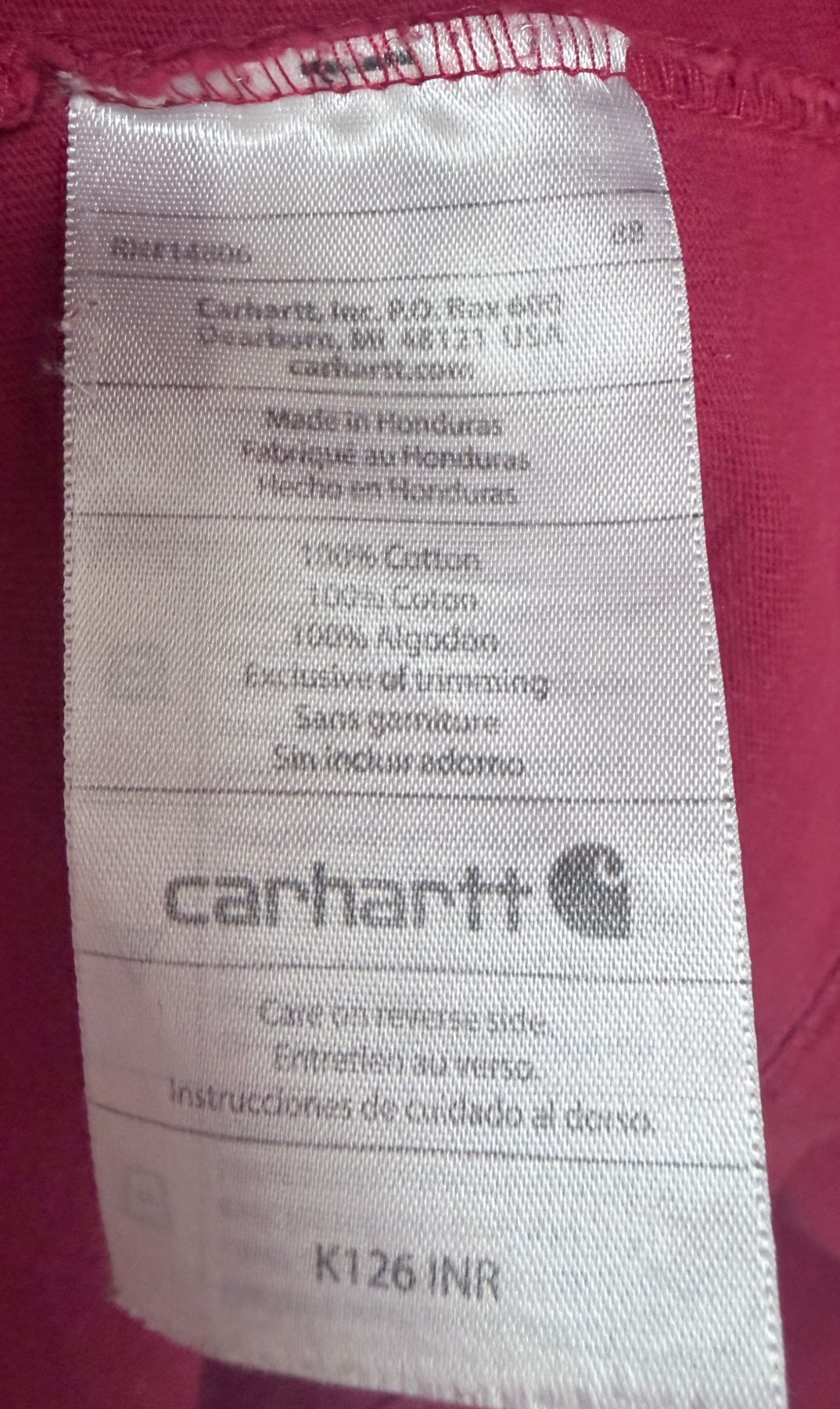 Carhartt Men's Red Men's Dearborn Loose Fit Heavyweight Long Sleeve Pocket T-Shirt T-Shirt — fabric content tag