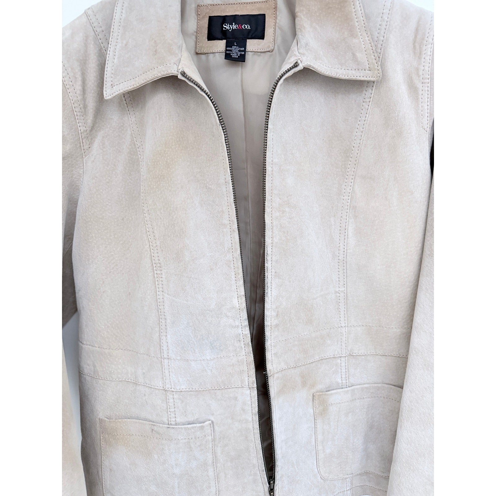 Style & Co Womens Large Beige Genuine Leather Zip Jacket