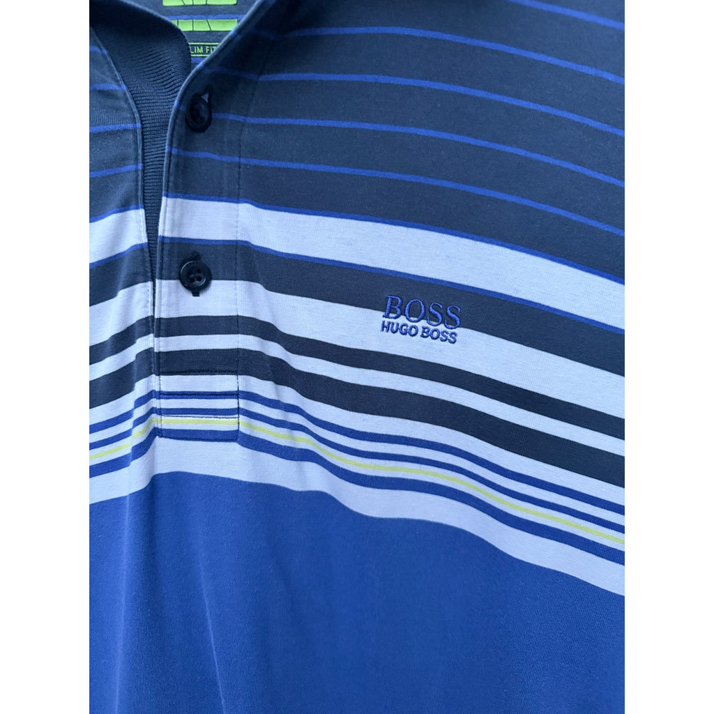 Hugo Boss Polo Shirt Mens XL Blue Striped Slim Fit Short Sleeve Designer