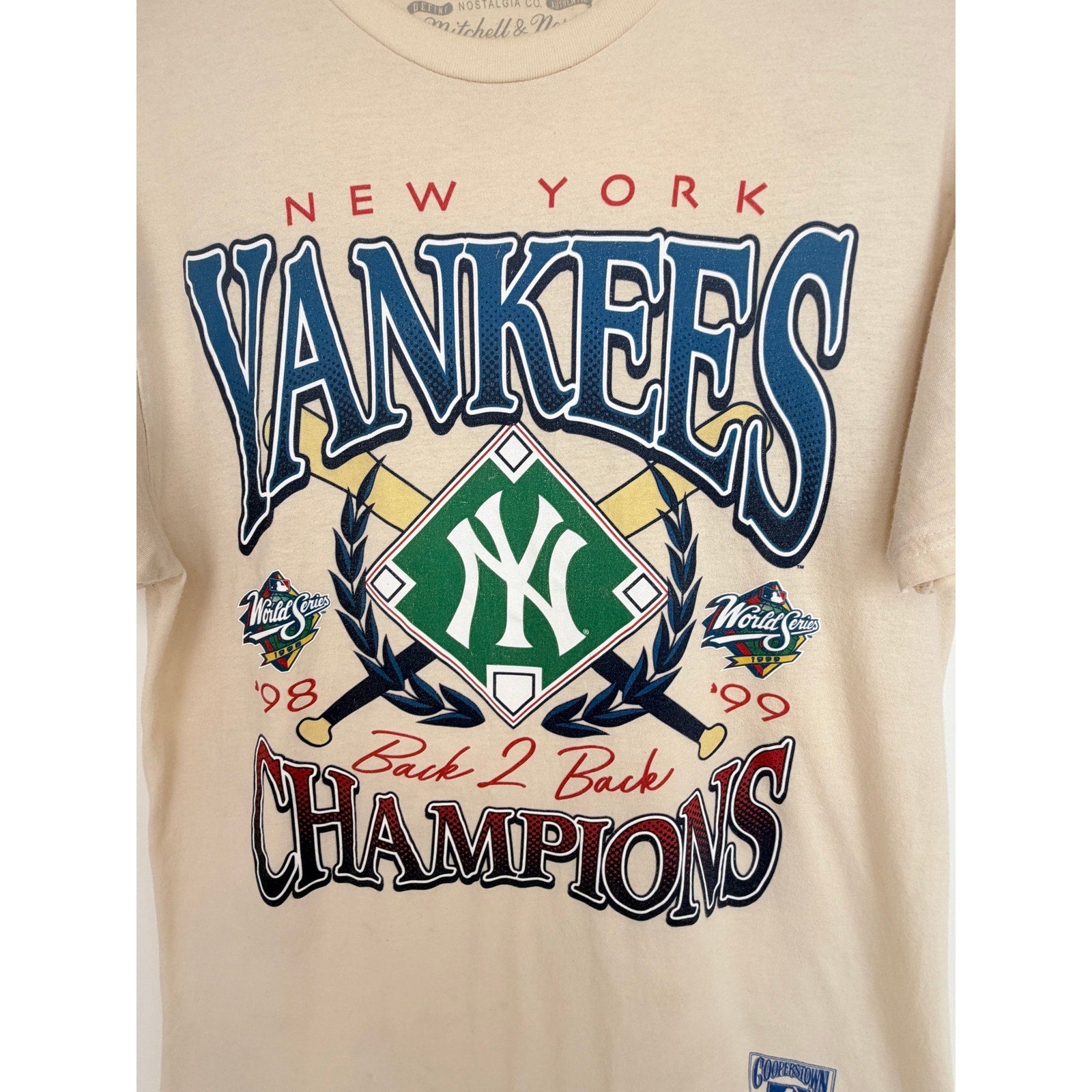 Mitchell & Ness New York Yankees Champions Tee Shirt Mens L Cream MLB 1998 1999