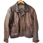 Vintage Leather Jacket Mens XL Brown Distressed Bomber Korea Made Plaid Lined