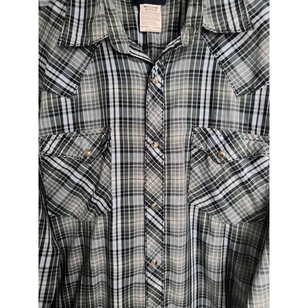 Wrangler Plaid Pearl Snap Western Shirt Mens XL Green Blue