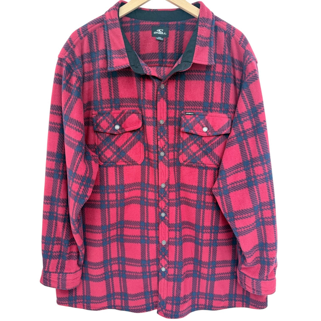 O'Neill Fleece Jacket Mens XXL Red Black Plaid Snap Front Sherpa Shirt Jacket