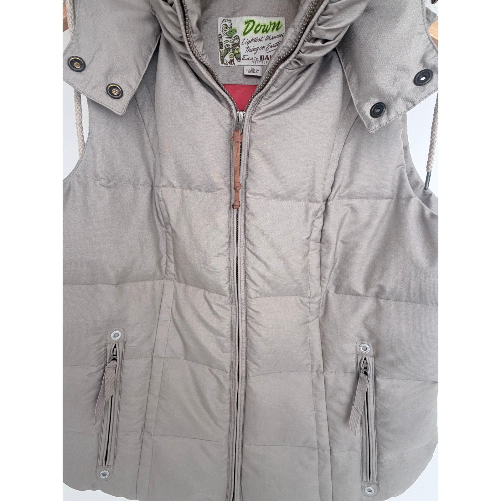 Eddie Bauer Down Puffer Vest Womens Large Gray Hooded Full Zip