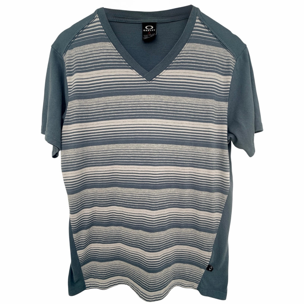 Oakley Blue Gray Striped V Neck T Shirt Mens Medium