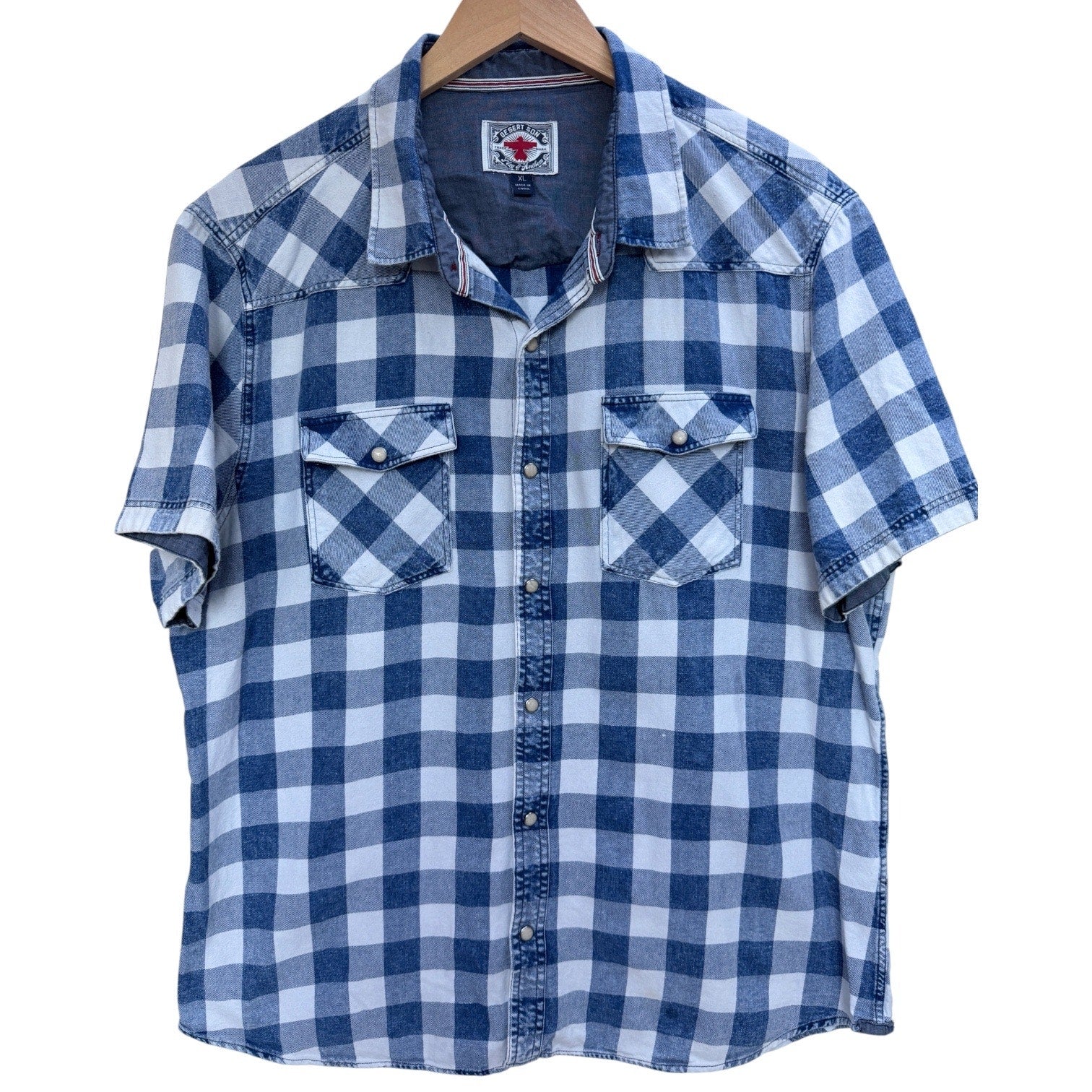 Flag & Anthem Western Shirt Mens XL Blue White Plaid Short Sleeve Snap Button