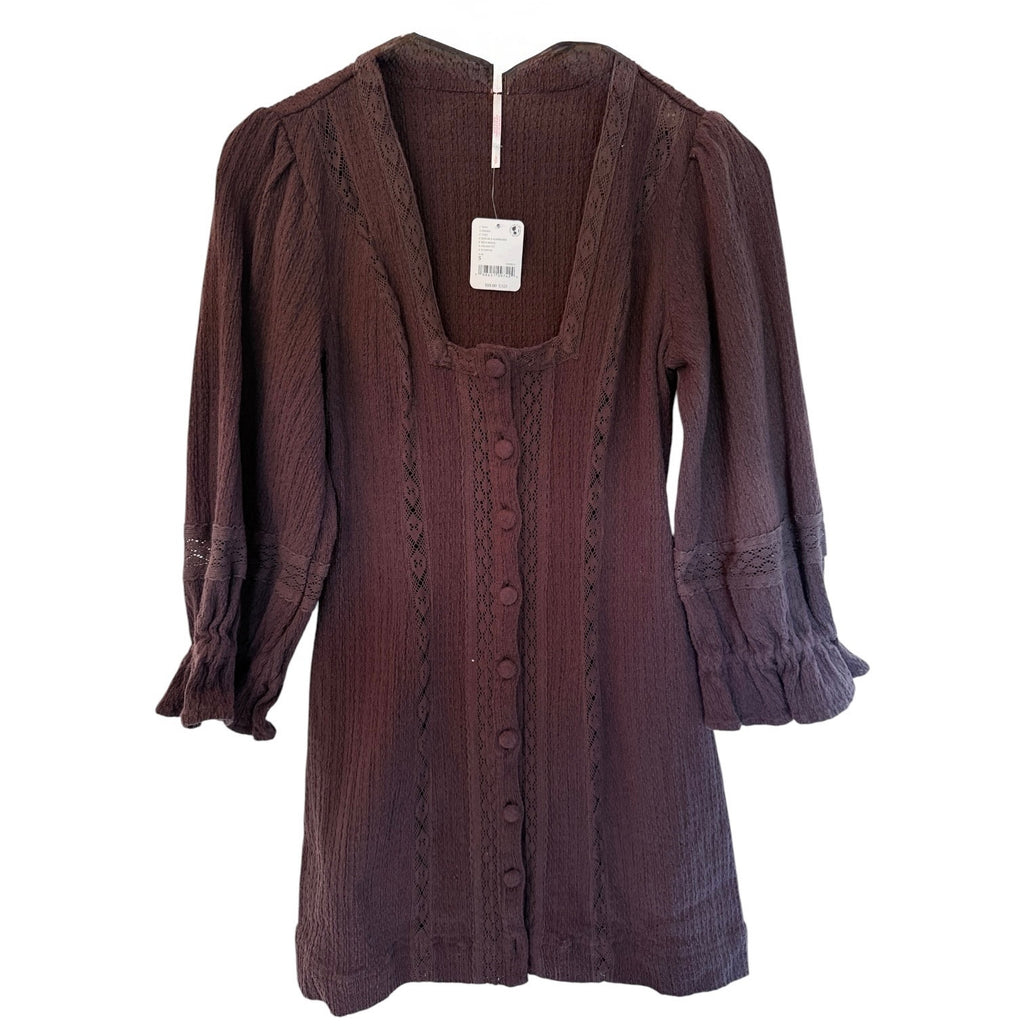 Free People Dress Womens Small Brown Button Front Long Sleeve Boho Mini