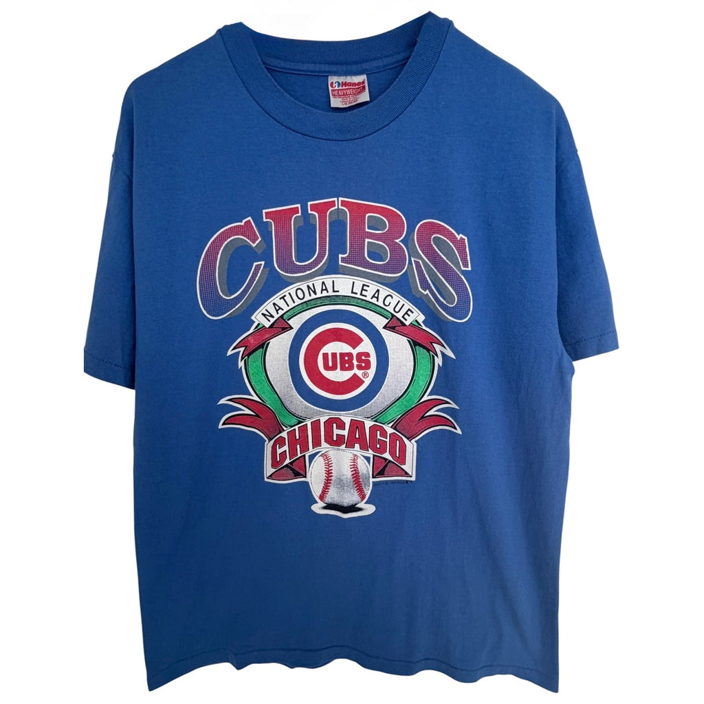 Vintage Chicago Cubs T Shirt Mens Large Blue MLB USA Made Hanes Baseball Graphic