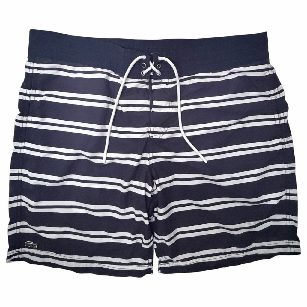 Lacoste Men's Swim Trunks Size Large Navy White Striped Board Shorts Drawstring