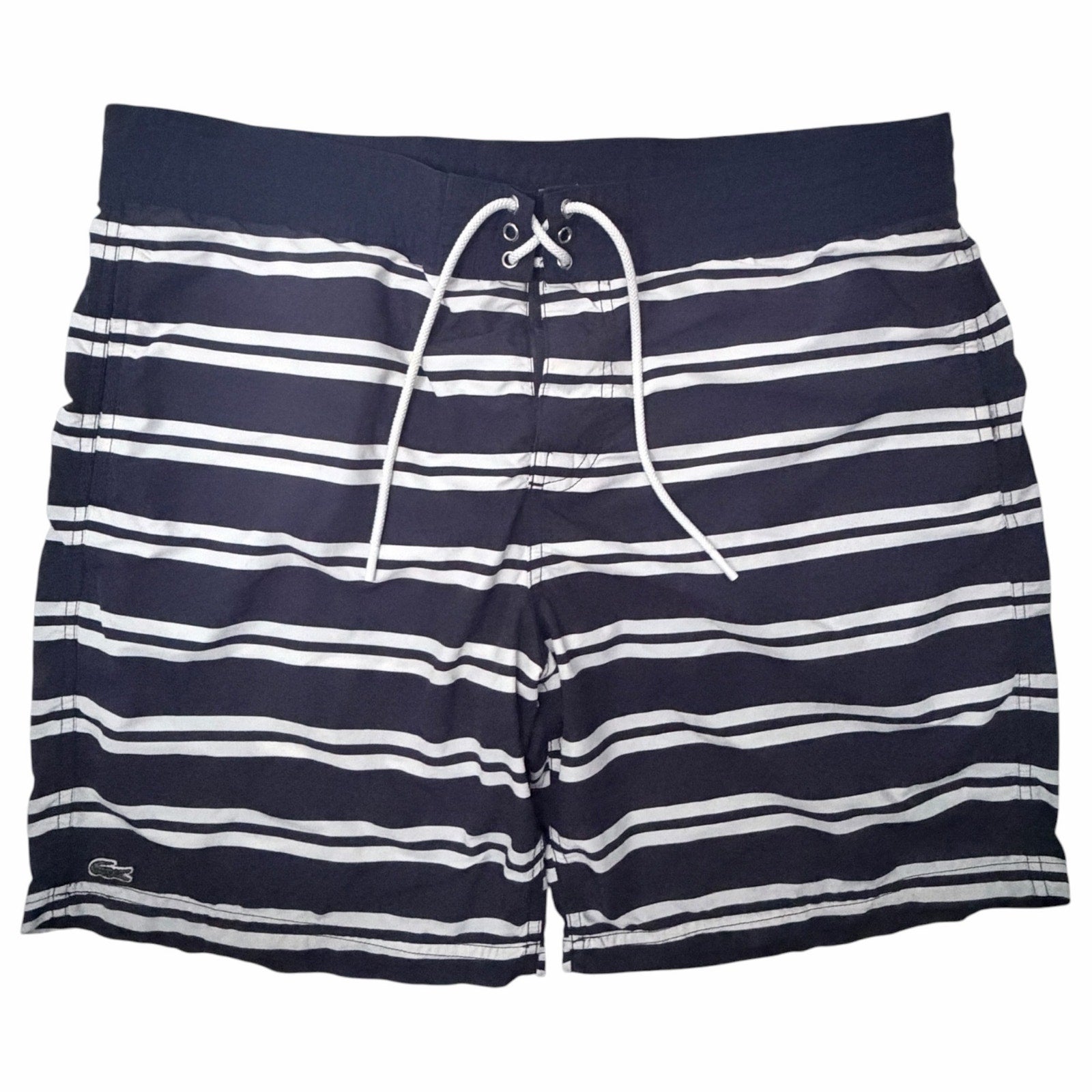 Lacoste Men's Swim Trunks Size Large Navy White Striped Board Shorts Drawstring