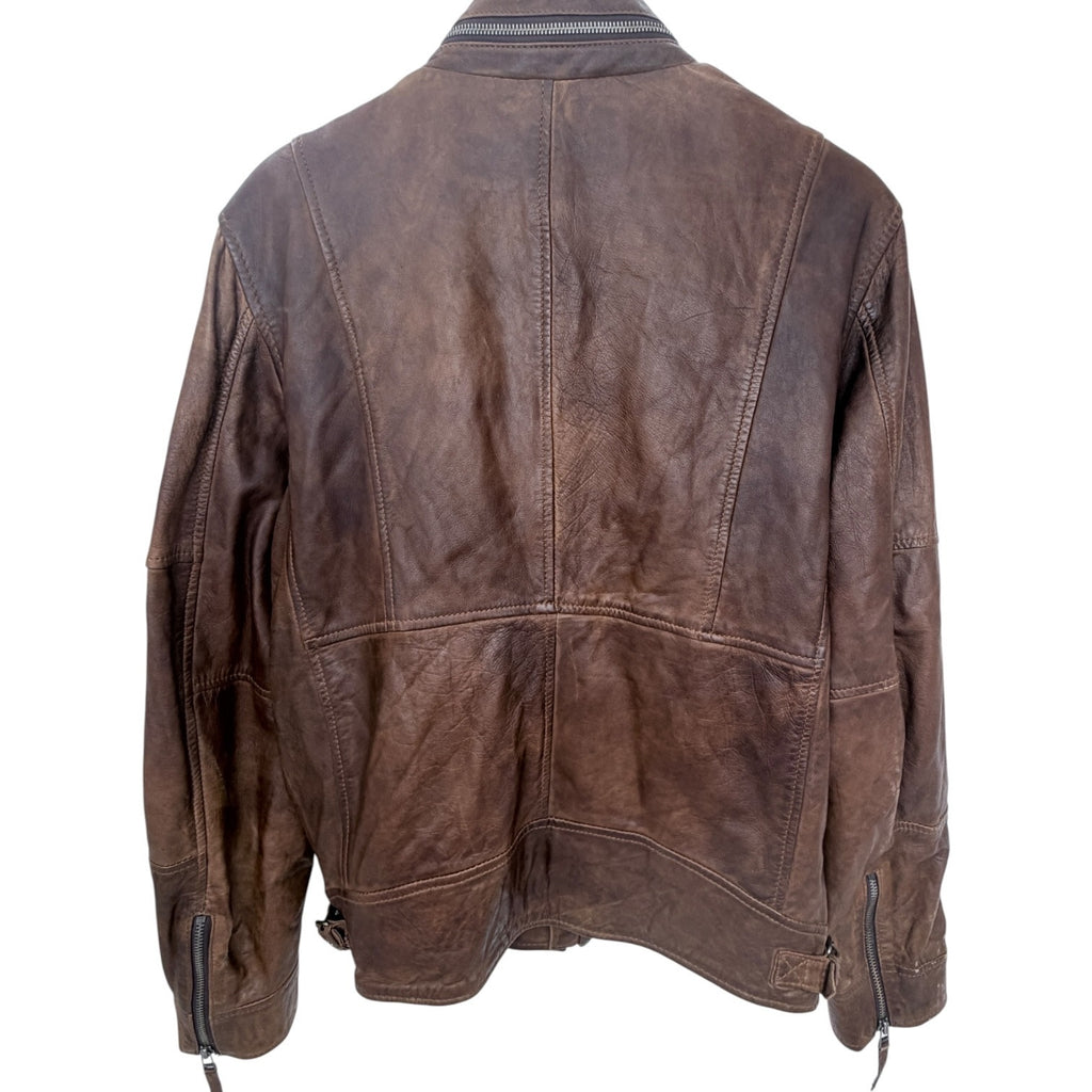 Gipsy Real Leather Jacket Mens Large Brown Cafe Racer Moto Zip Up