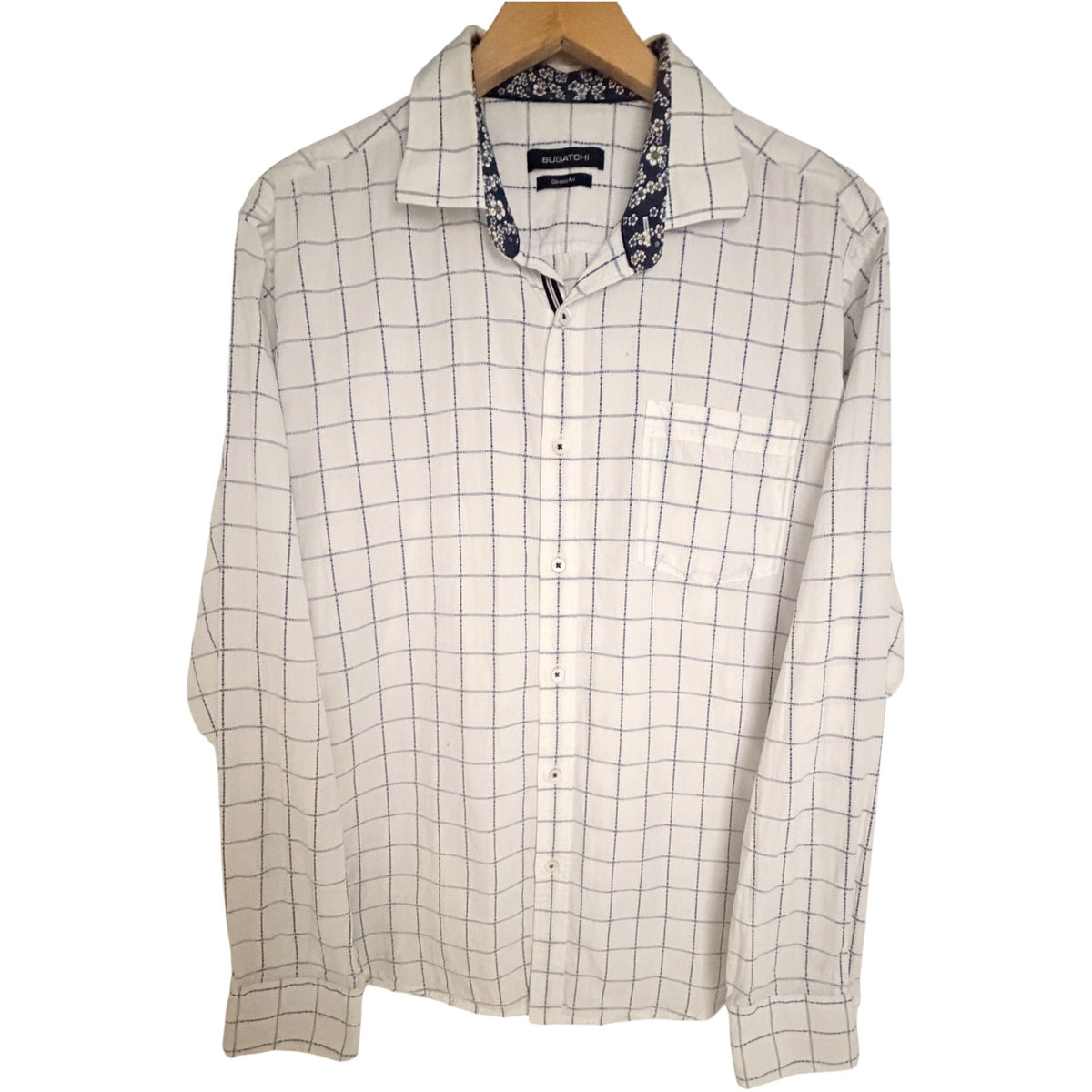 Bugatchi White Blue Windowpane 100% Cotton Button-Up Shirt - Men's L