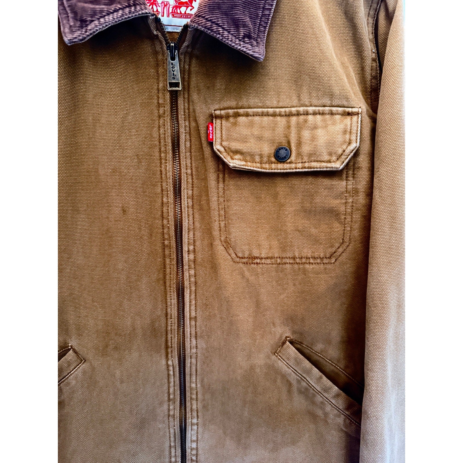 Levis Canvas Work Jacket Mens Medium Brown Full Zip Utility Chore Coat