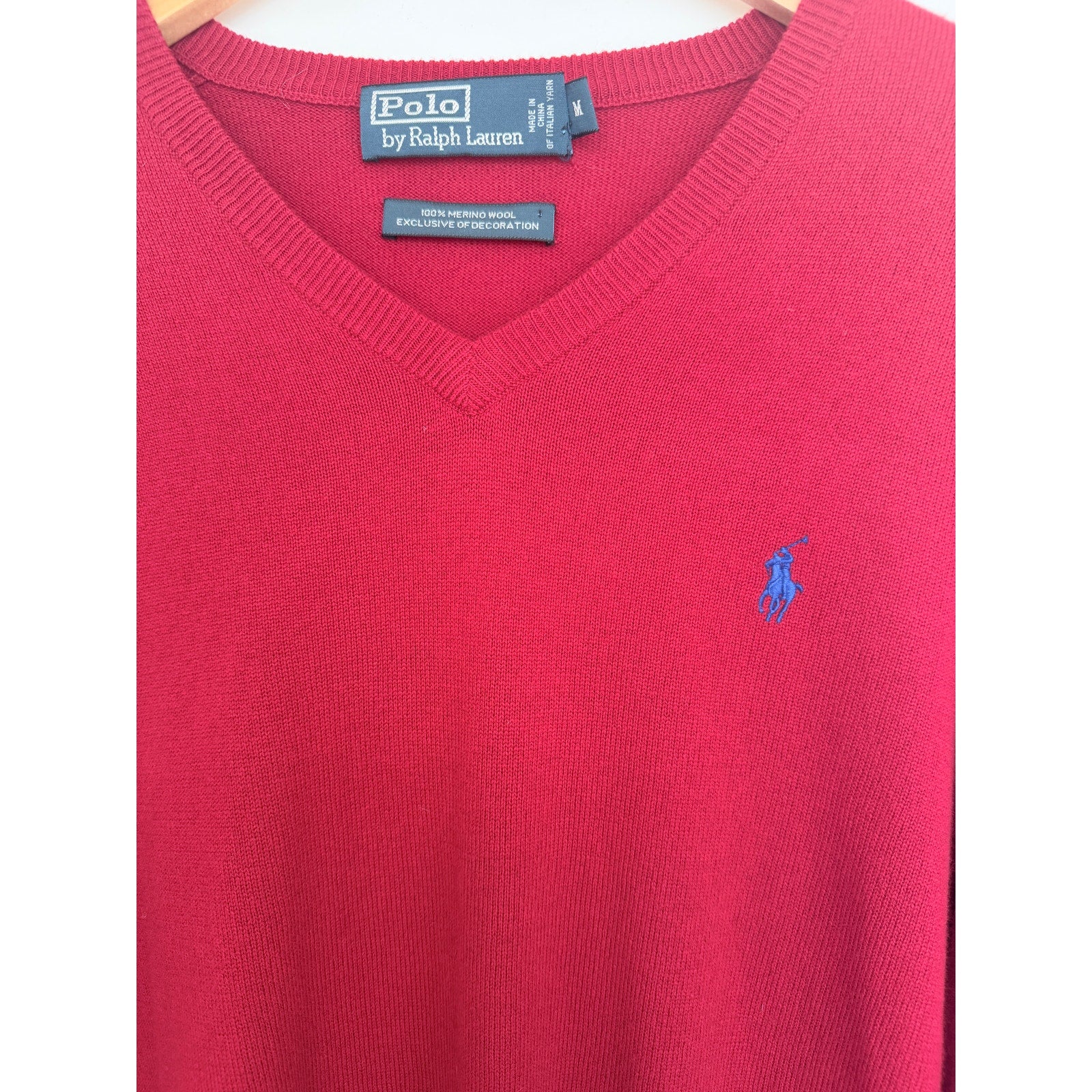 Polo Ralph Lauren Merino Wool Sweater Mens Medium Red V Neck Pony Logo