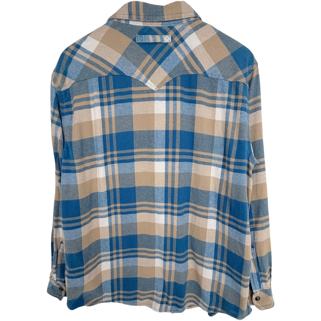Legendary Whitetails Mens Large Blue Tan Plaid Flannel Snap Front Shirt
