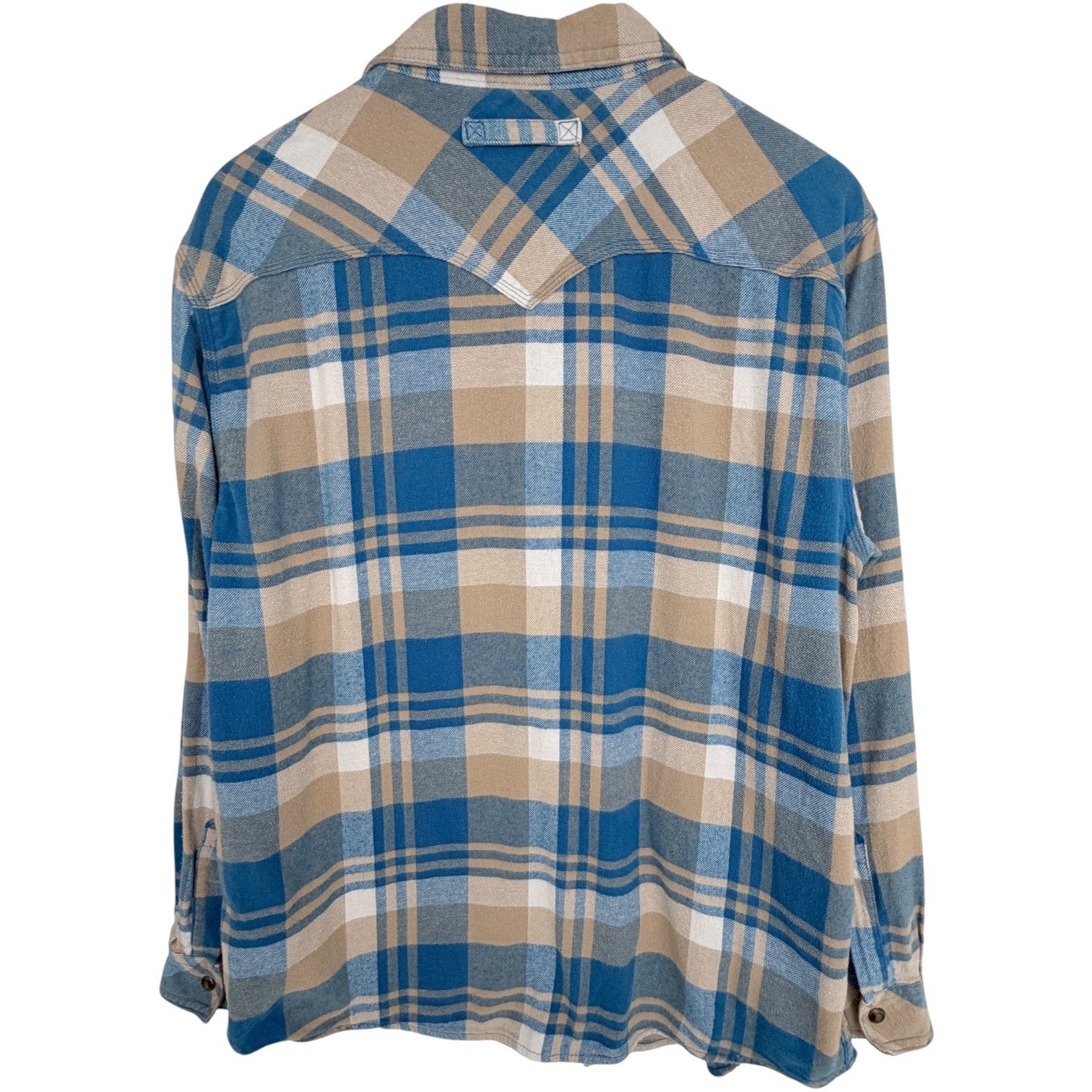 Legendary Whitetails Mens Large Blue Tan Plaid Flannel Snap Front Shirt